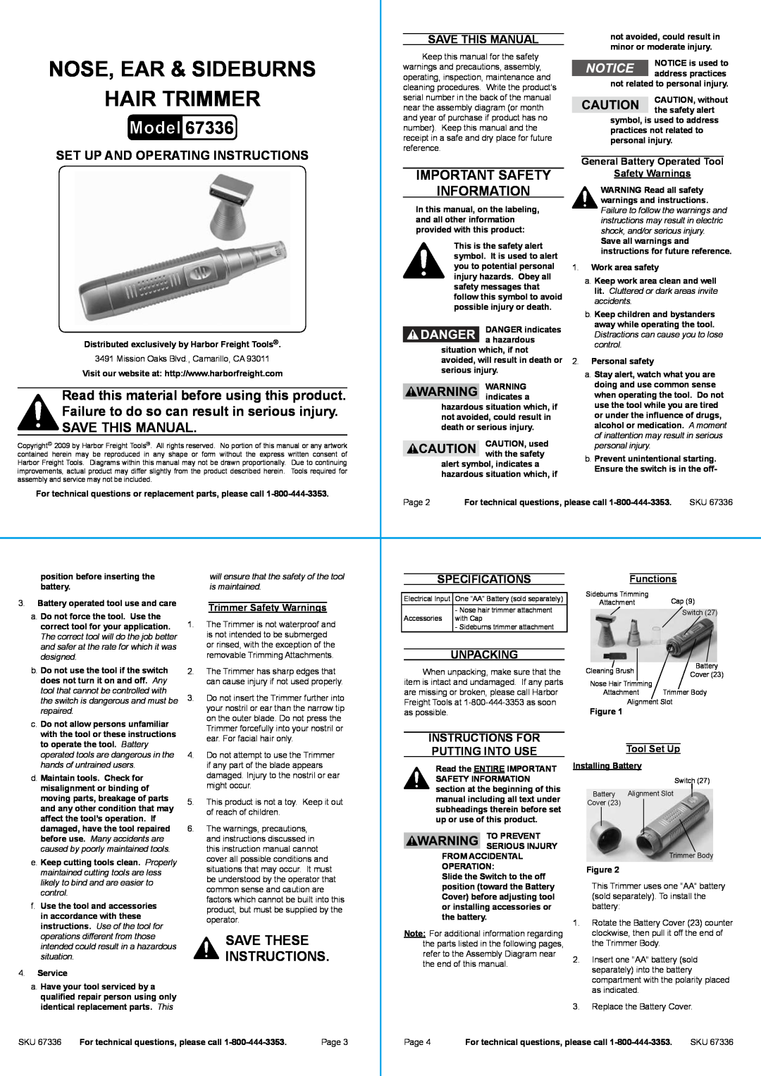 Harbor Freight Tools 67336 specifications saVe this manual, General Battery operated tool, safety Warnings, hair trimmer 