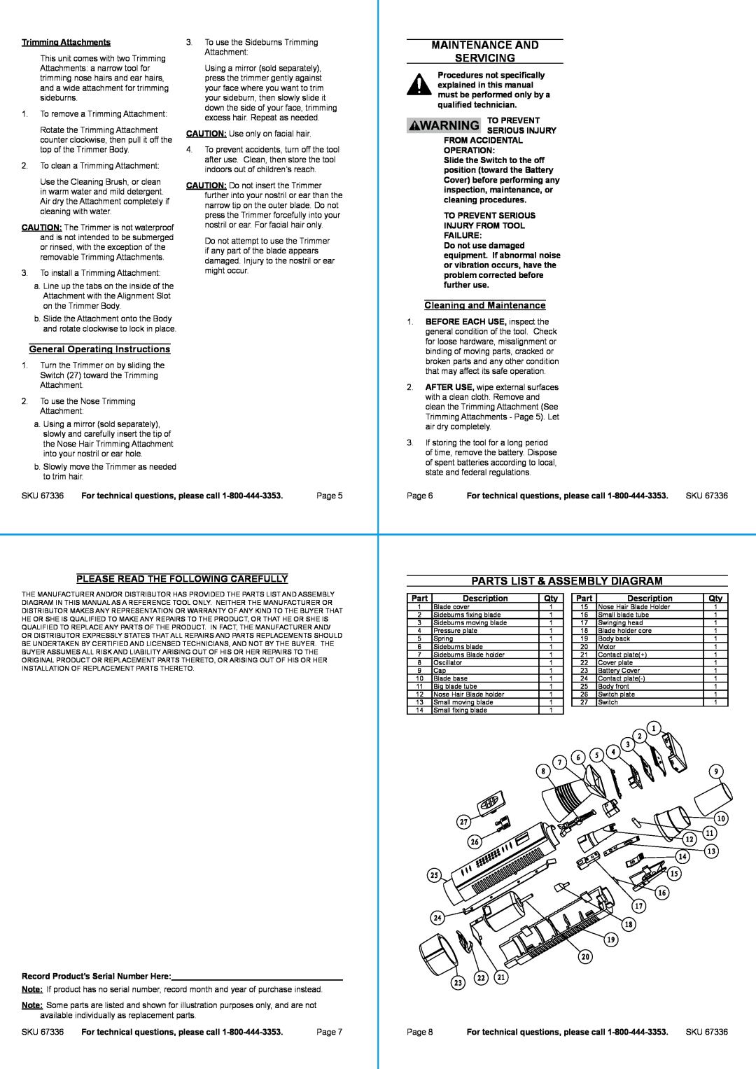 Harbor Freight Tools 67336 maintenance and, serVicing, Parts List & assEMBLY DiaGraM, Please Read The Following Carefully 