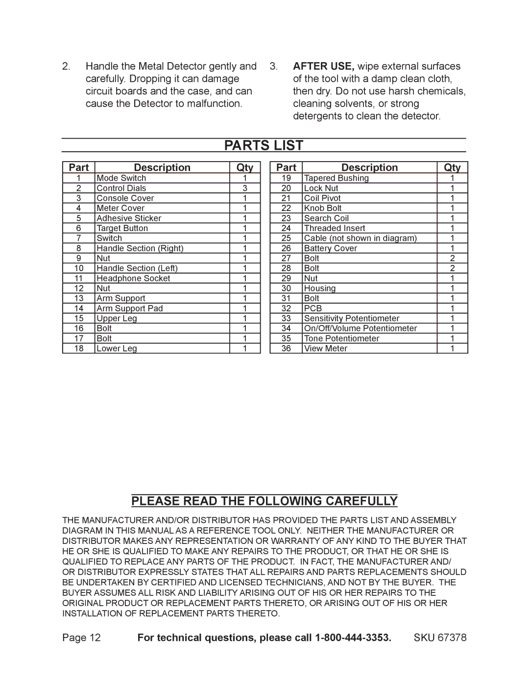 Harbor Freight Tools 67378 manual Parts List, Part Description Qty 