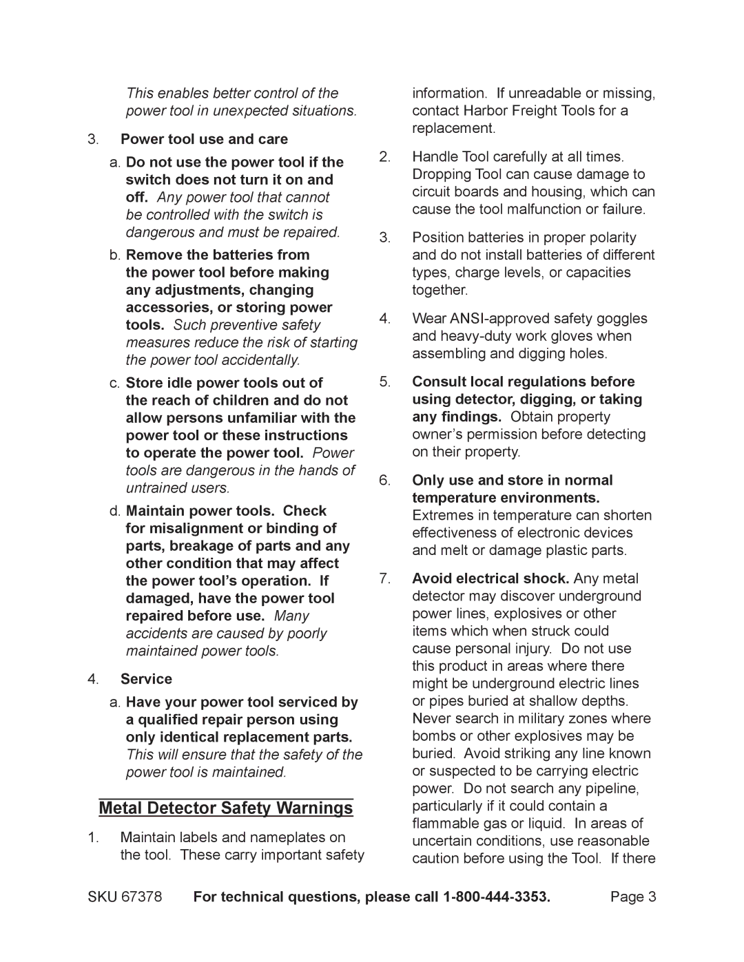 Harbor Freight Tools 67378 manual Metal Detector Safety Warnings 