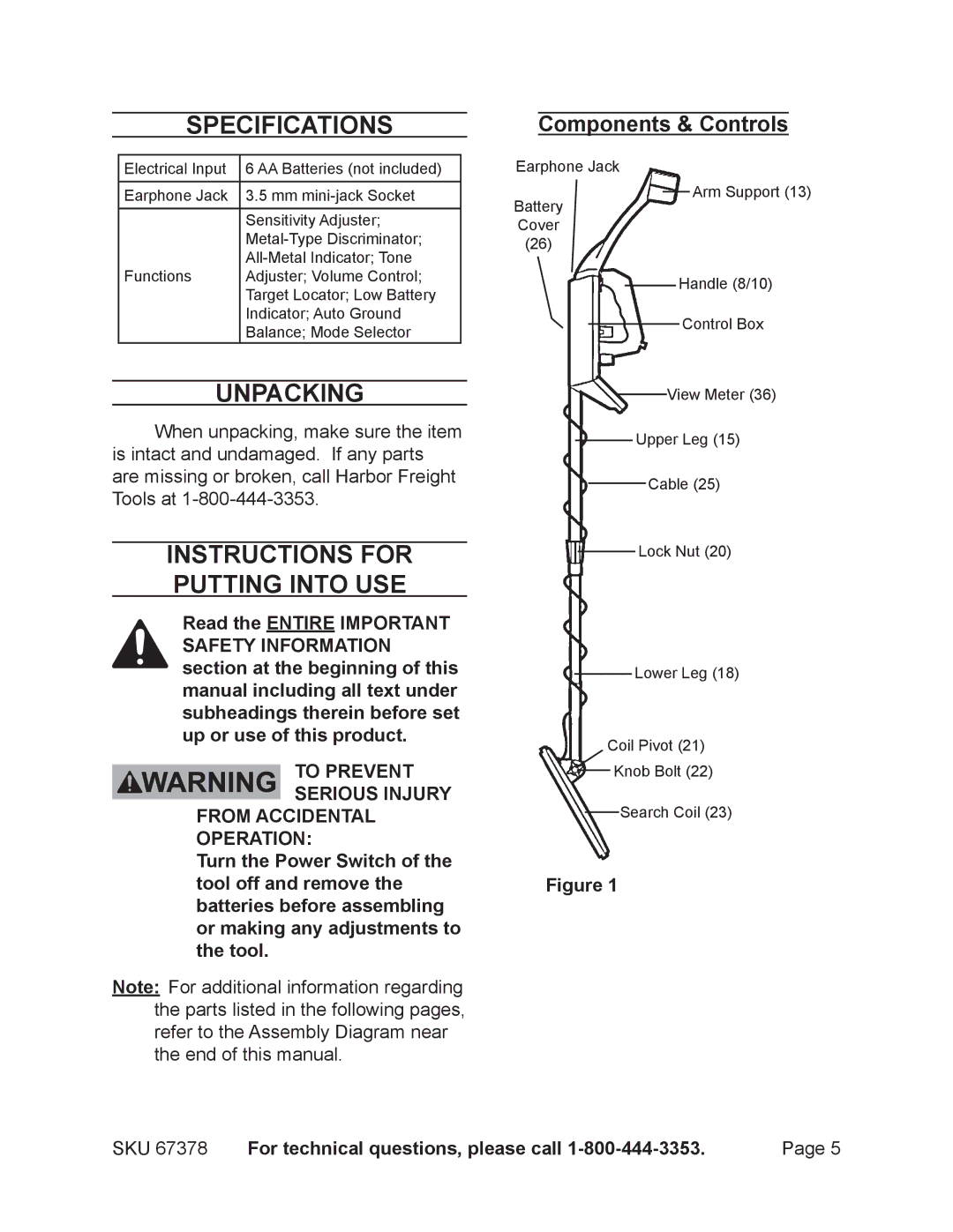 Harbor Freight Tools 67378 manual Specifications, Unpacking, Instructions for putting into use, Components & Controls 