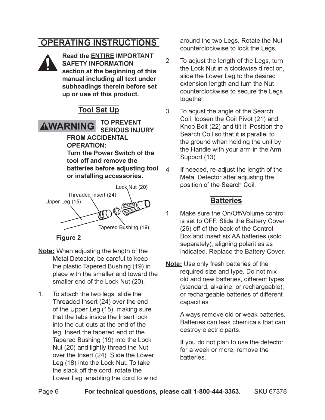 Harbor Freight Tools 67378 manual Operating Instructions, Tool Set Up, Batteries 