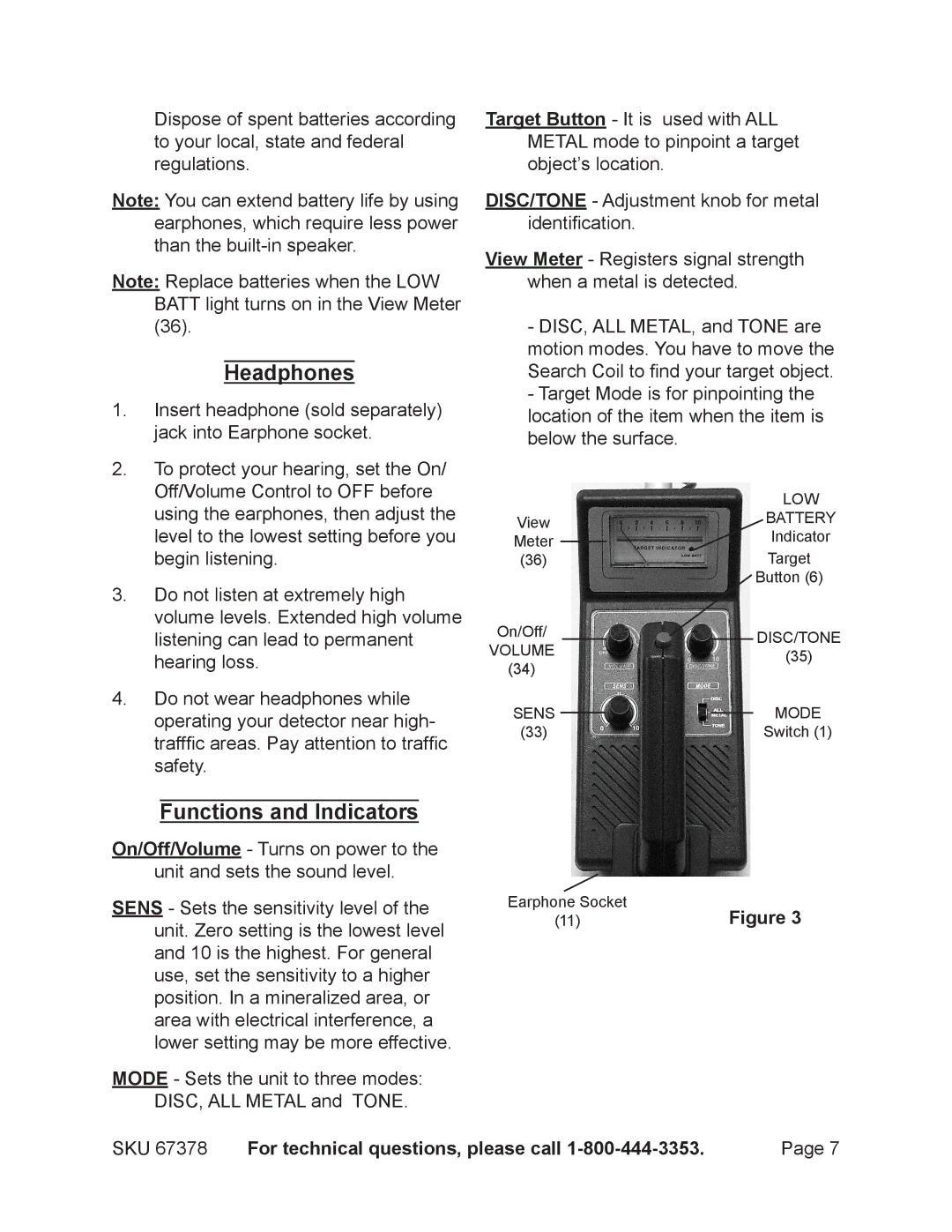 Harbor Freight Tools 67378 manual Headphones, Functions and Indicators 