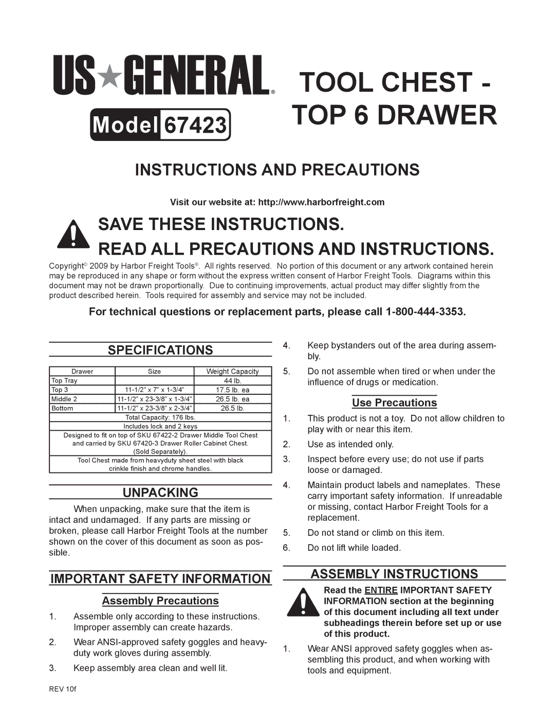 Harbor Freight Tools 67423 specifications Specifications, Unpacking, Assembly Instructions, Important Safety Information 