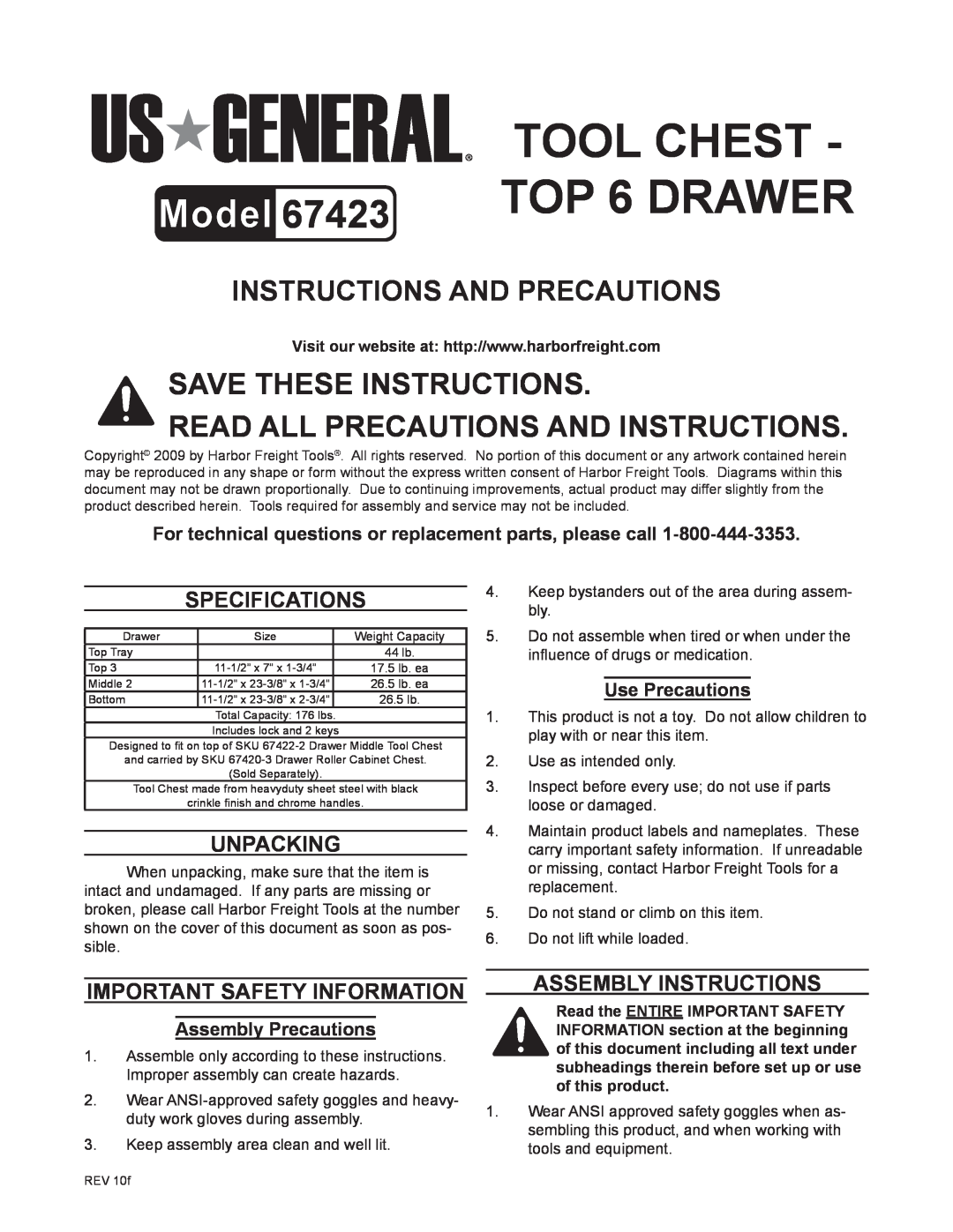 Harbor Freight Tools 67423 specifications Specifications, Unpacking, Assembly Instructions, Important SAFETY Information 