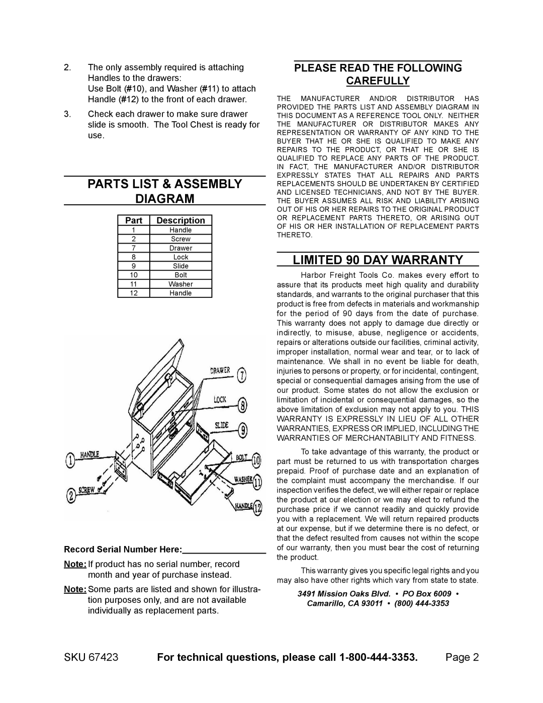 Harbor Freight Tools 67423 Parts List & Assembly diagram, LIMITED 90 DAY WARRANTY, Please Read The Following Carefully 