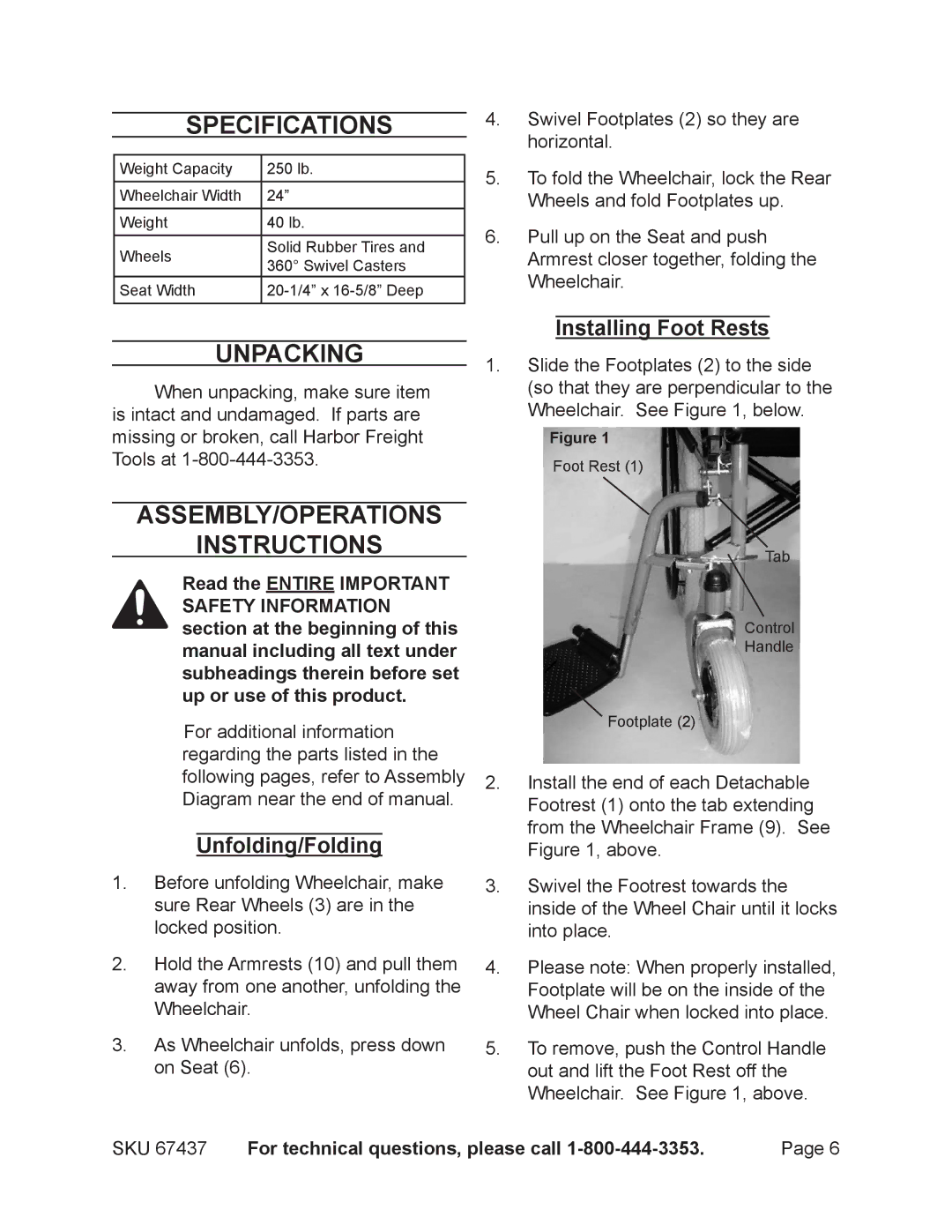 Harbor Freight Tools 67437 Specifications, Unpacking, Assembly/operations Instructions, Unfolding/Folding 