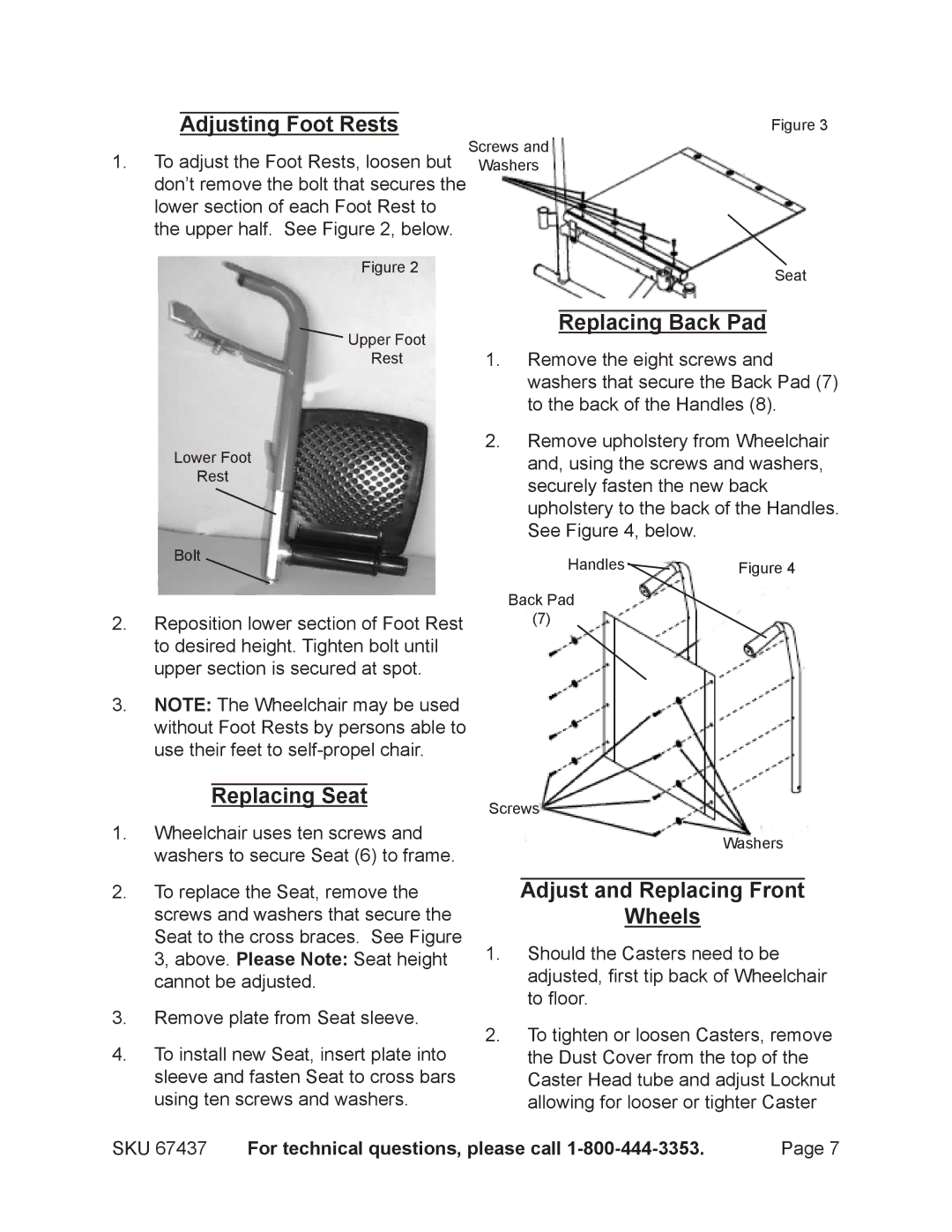 Harbor Freight Tools 67437 Adjusting Foot Rests, Replacing Seat, Replacing Back Pad, Adjust and Replacing Front Wheels 