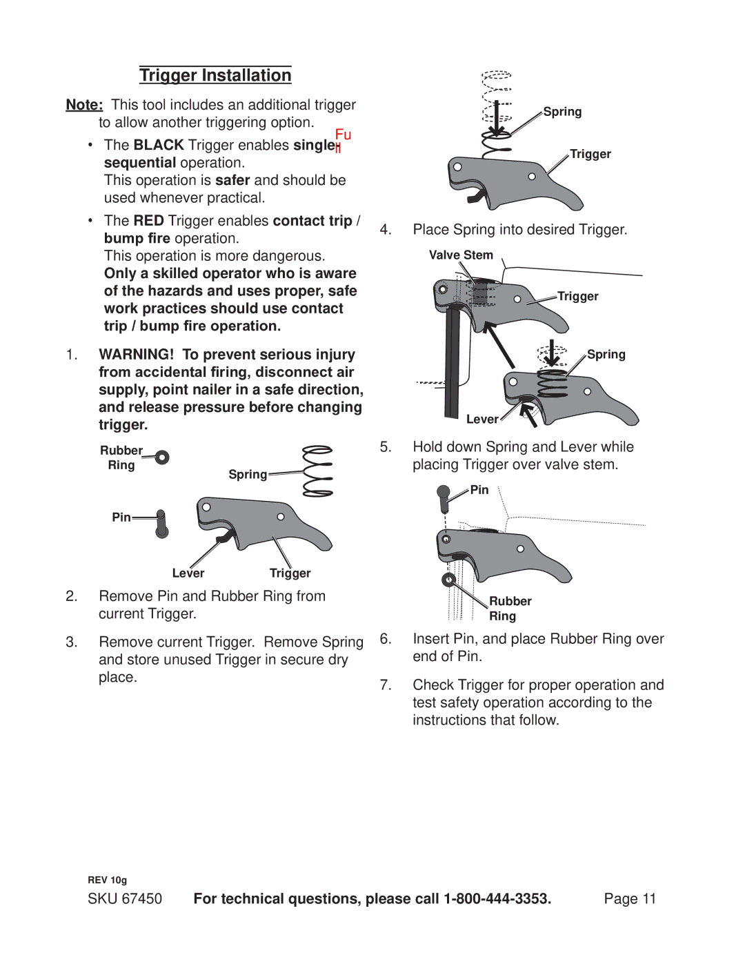 Harbor Freight Tools 67450 Trigger Installation, Sequential operation, SKU For technical questions, please call 