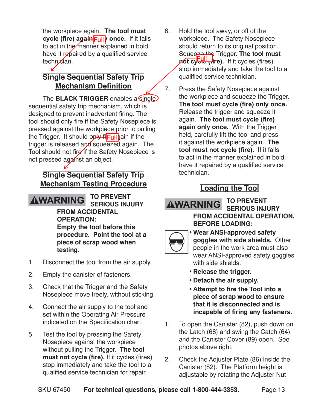 Harbor Freight Tools 67450 operating instructions Single Sequential Safety Trip Mechanism Definition, Loading the Tool 