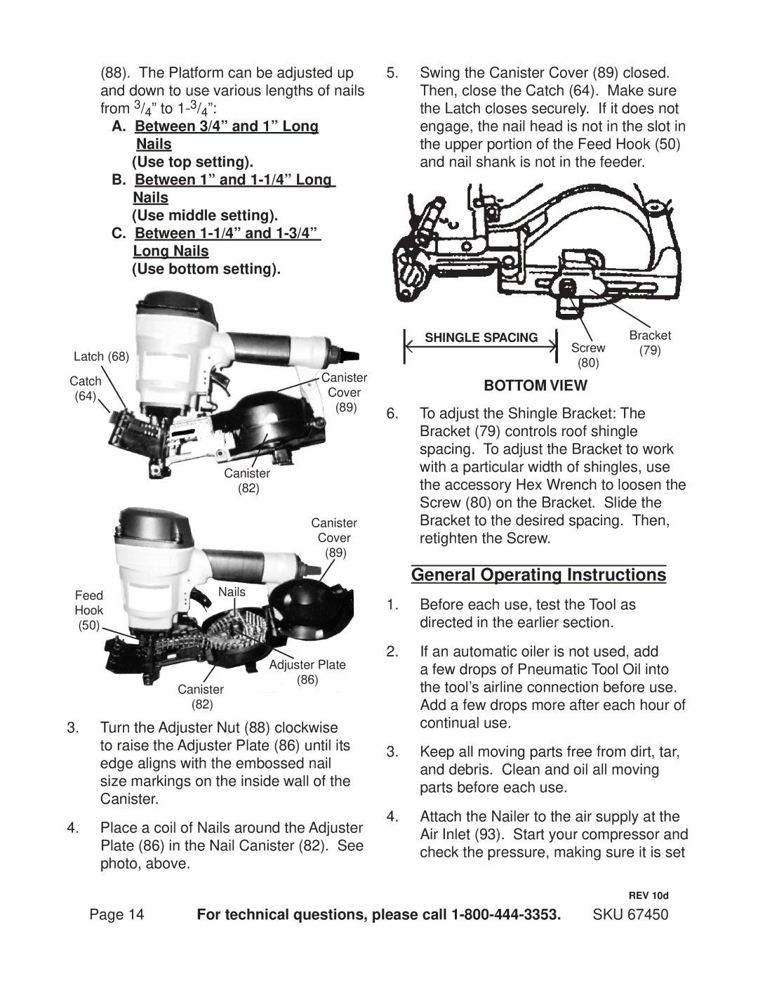 Harbor Freight Tools 67450 General Operating Instructions, Between 3/4 and 1 Long, Nails, Use top setting 