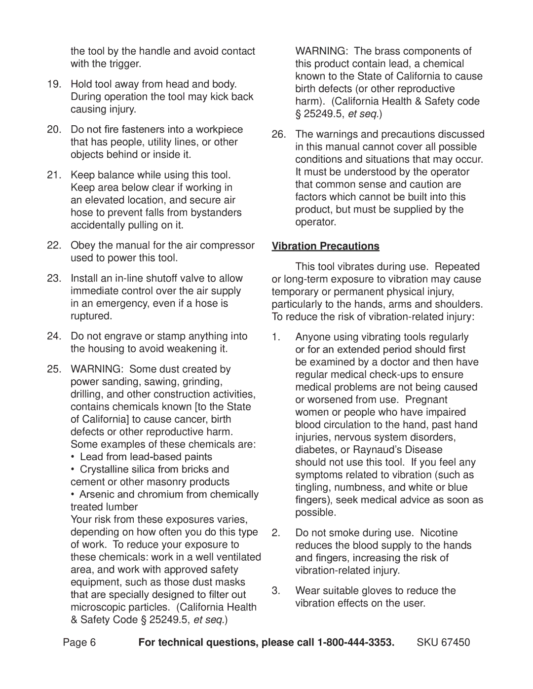 Harbor Freight Tools 67450 operating instructions Vibration Precautions 