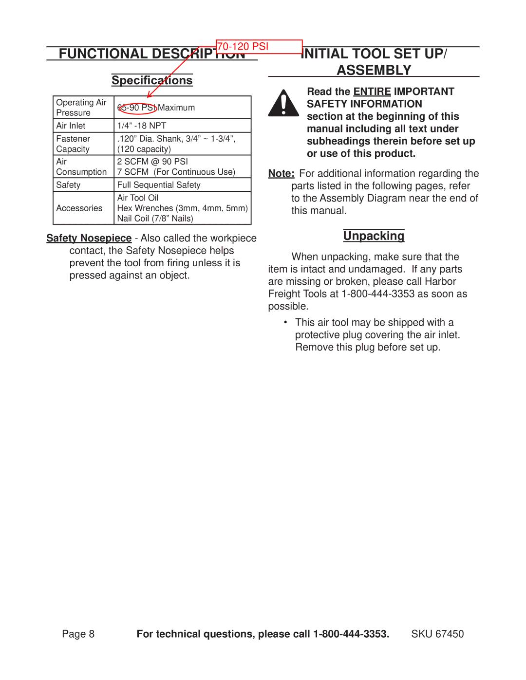 Harbor Freight Tools 67450 Functional Description Initial Tool Set Up Assembly, Specifications, Unpacking 