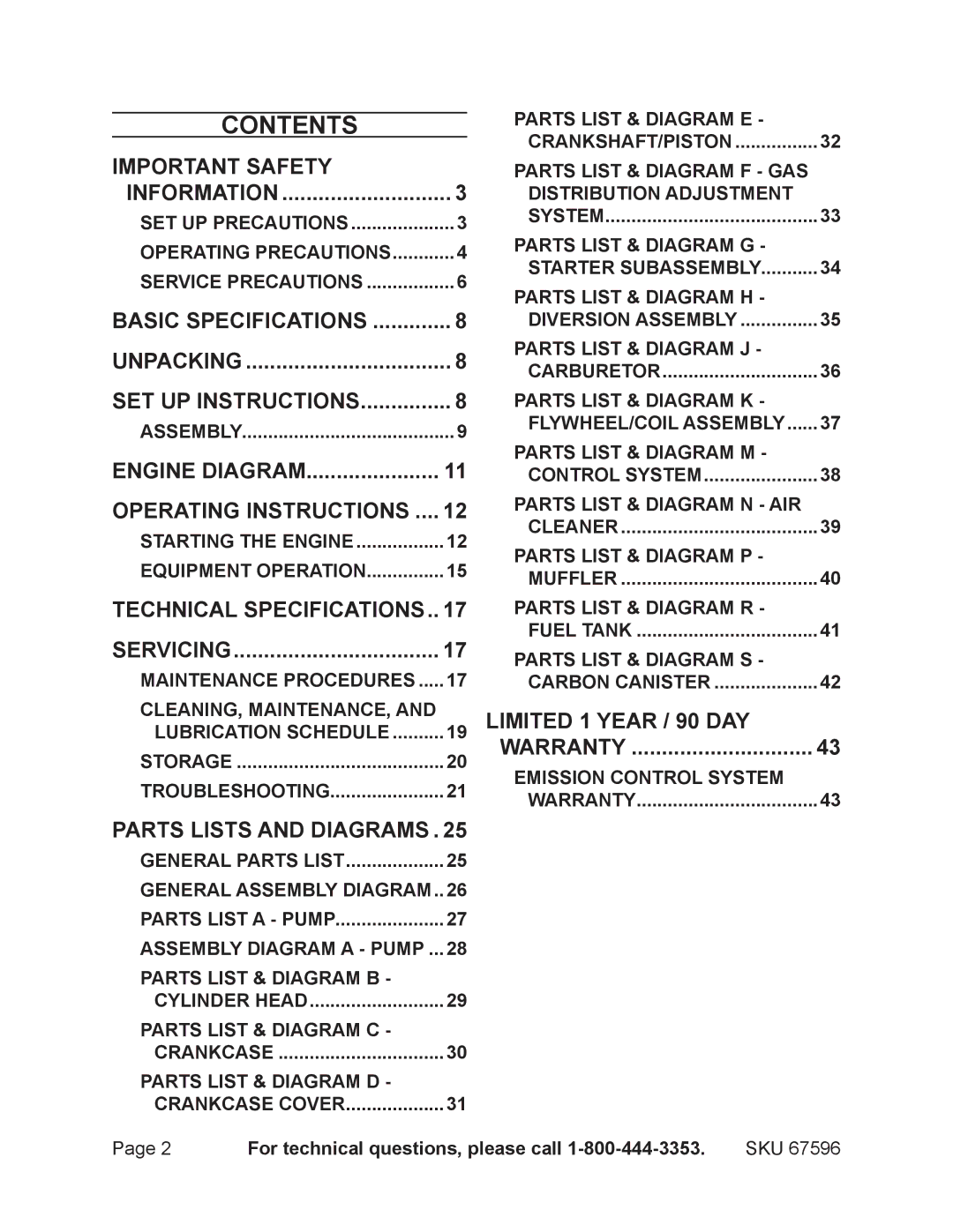 Harbor Freight Tools 67596 manual Contents 