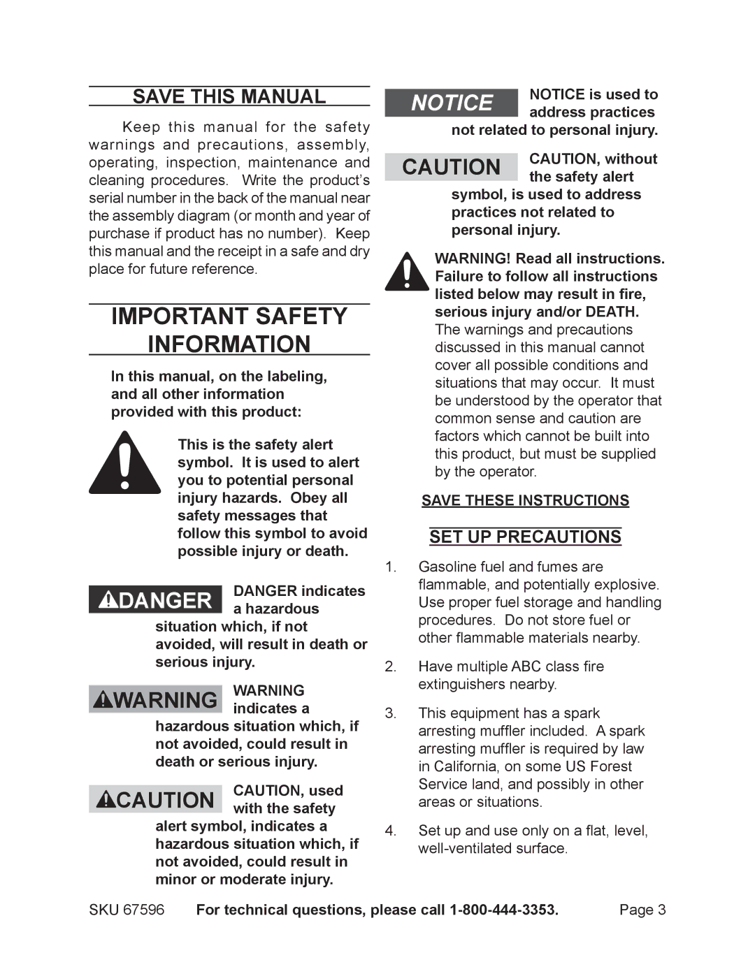 Harbor Freight Tools 67596 manual Save This Manual, Set up precautions 