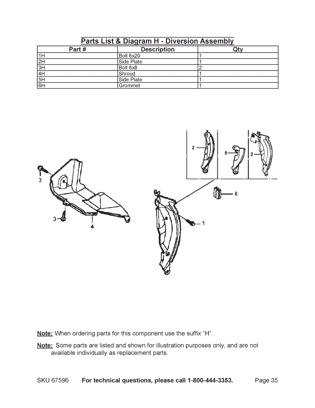 Harbor Freight Tools 67596 manual Parts List & Diagram H Diversion Assembly 