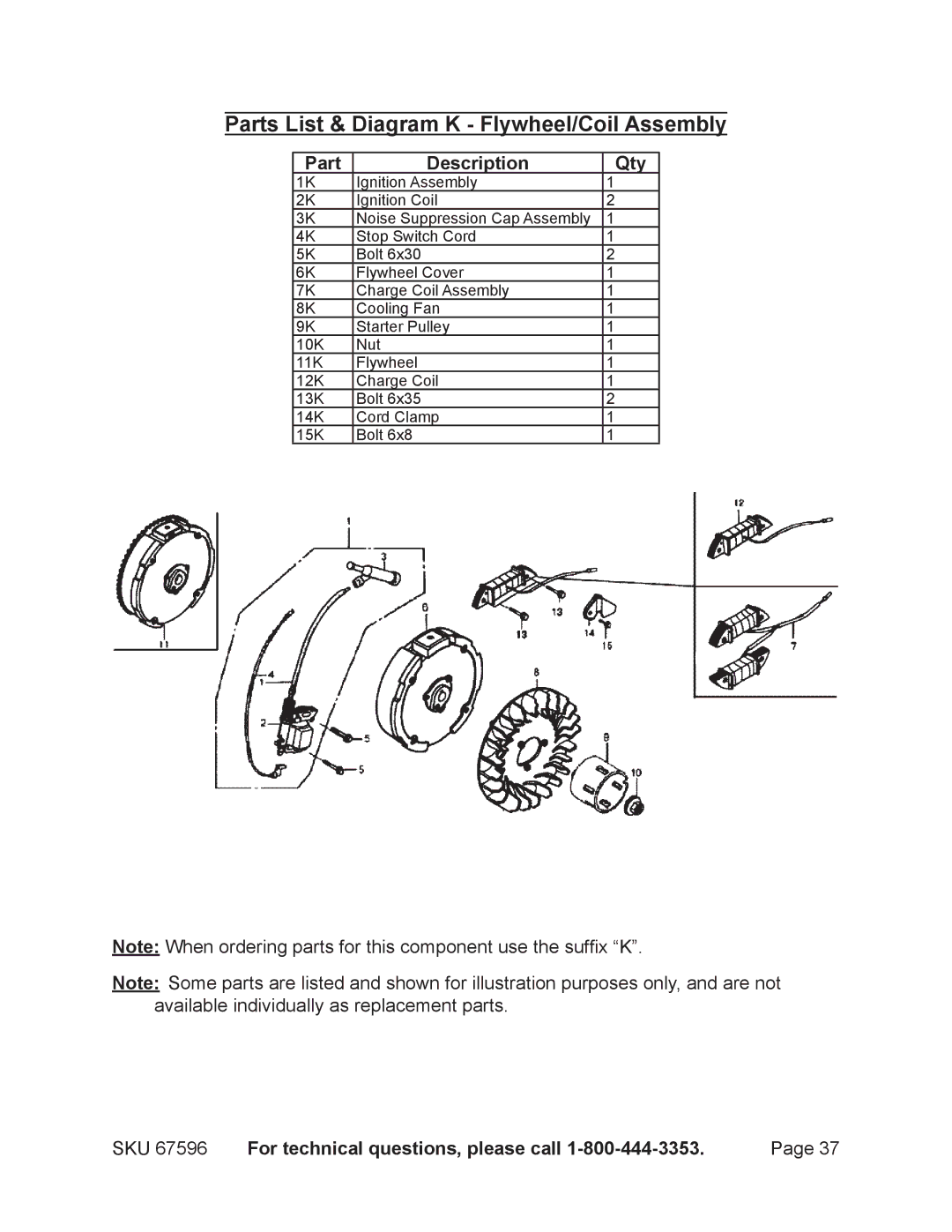 Harbor Freight Tools 67596 manual Parts List & Diagram K Flywheel/Coil Assembly, Part Description Qty 