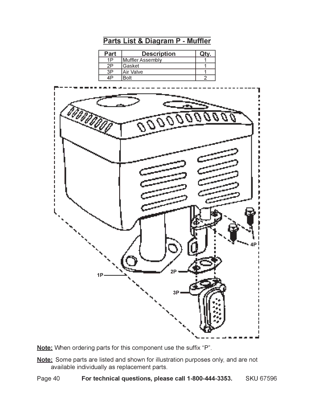 Harbor Freight Tools 67596 manual Parts List & Diagram P Muffler 