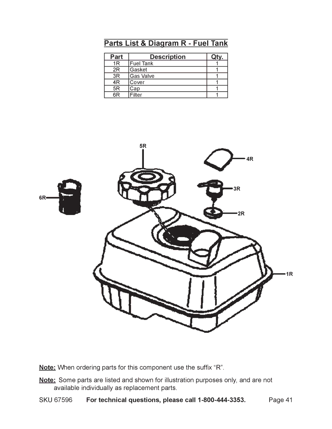 Harbor Freight Tools 67596 manual Parts List & Diagram R Fuel Tank 