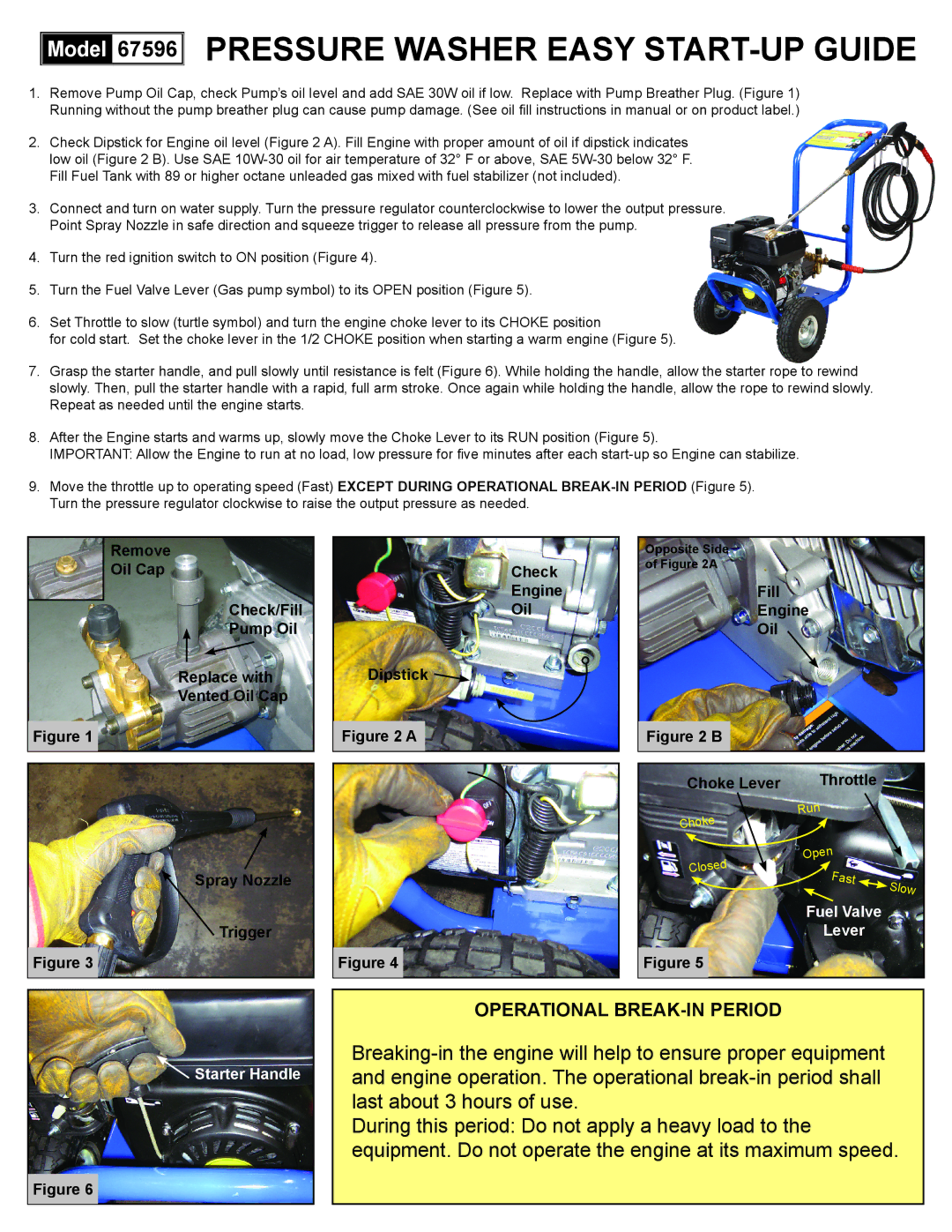 Harbor Freight Tools manual Model 67596 Pressure Washer Easy Start-up guide, Operational Break-in Period 