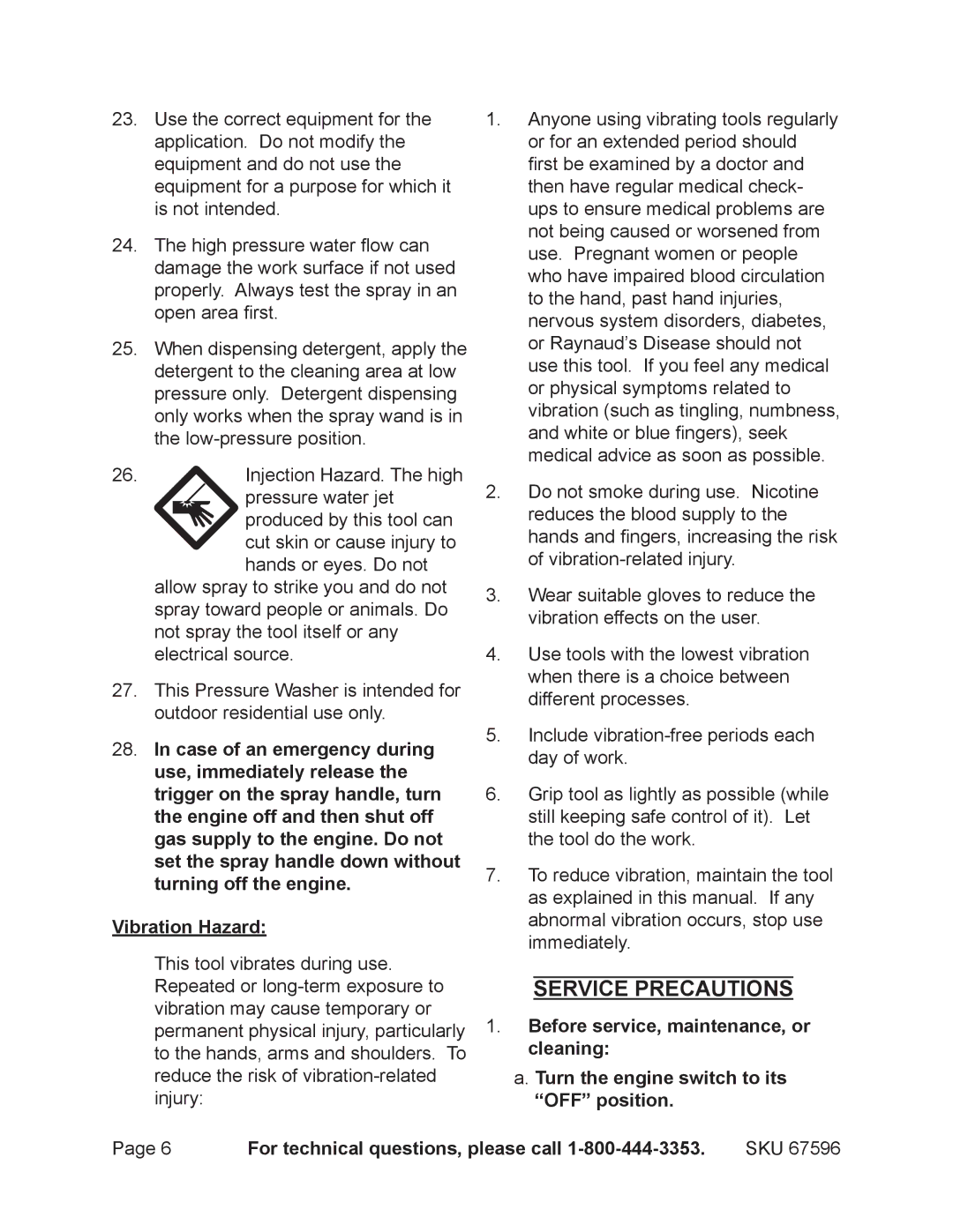 Harbor Freight Tools 67596 manual Service precautions 