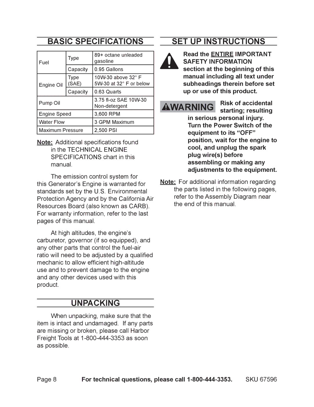 Harbor Freight Tools 67596 manual Basic Specifications, Unpacking, Set Up Instructions 