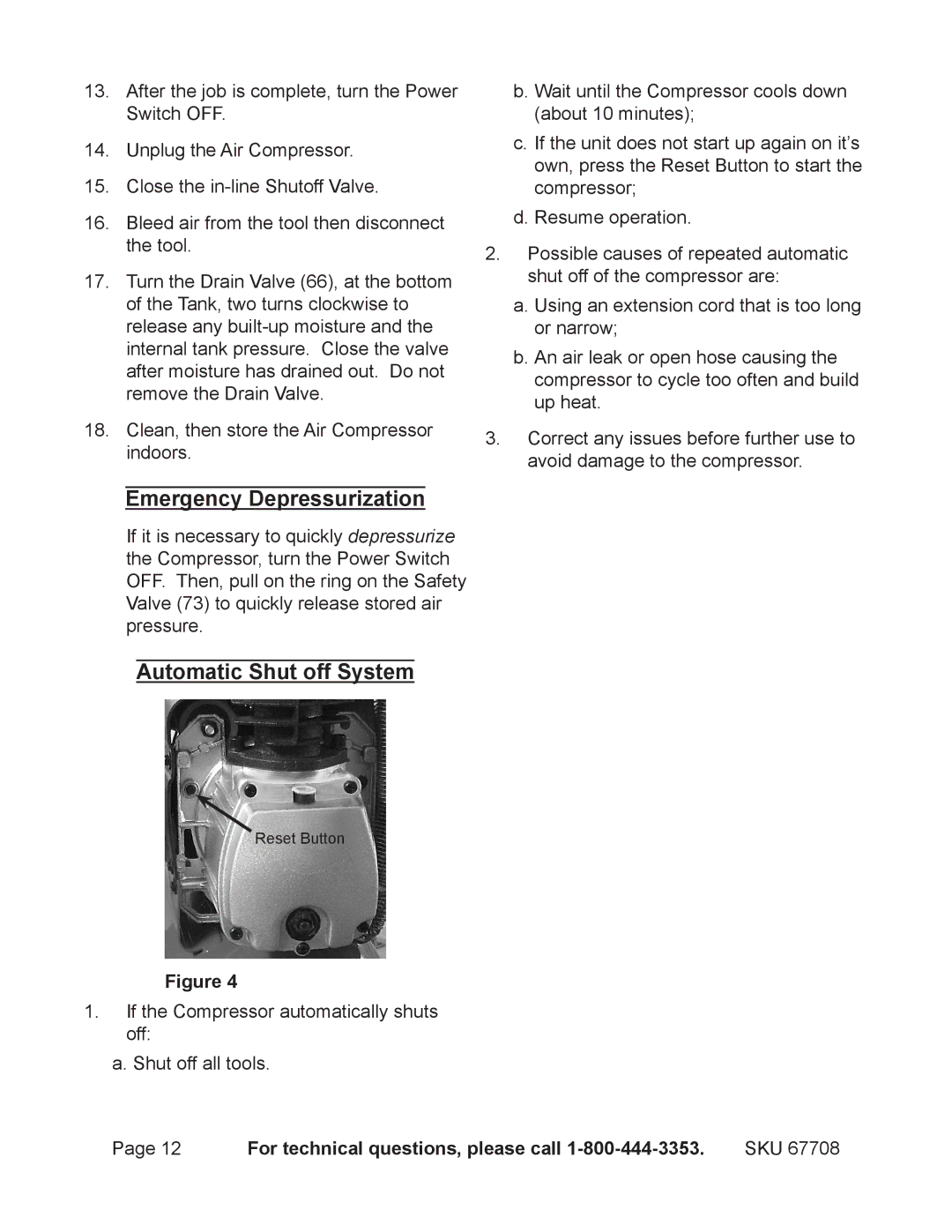 Harbor Freight Tools 67708 operating instructions Emergency Depressurization, Automatic Shut off System 