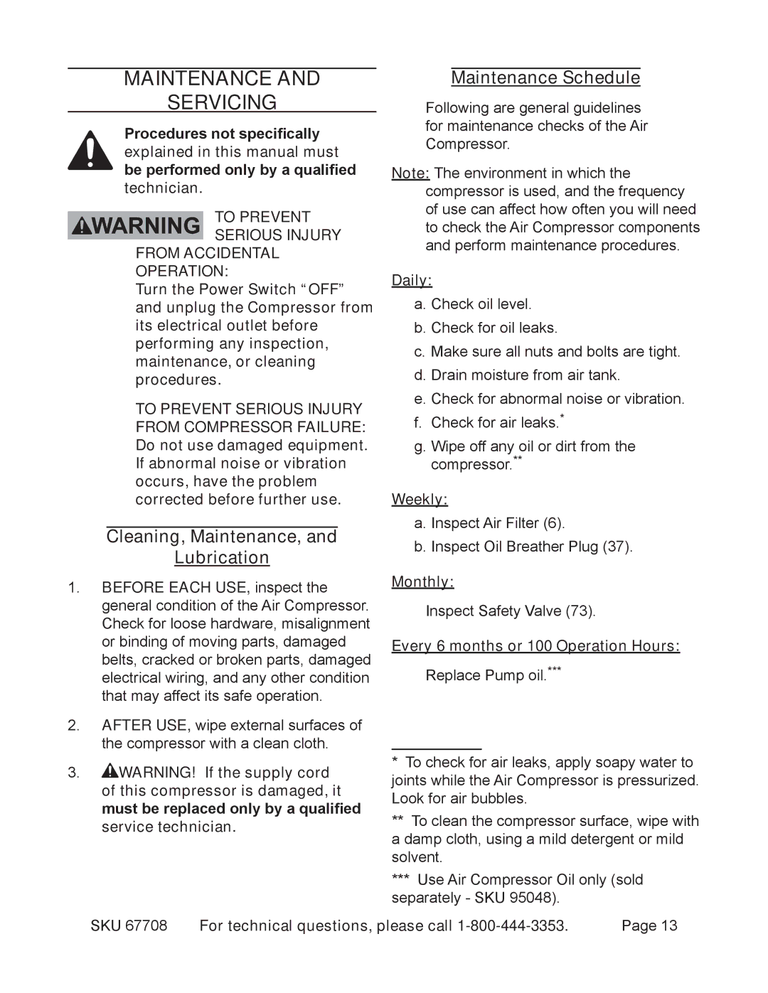 Harbor Freight Tools 67708 Maintenance Servicing, Cleaning, Maintenance, Lubrication, Maintenance Schedule 