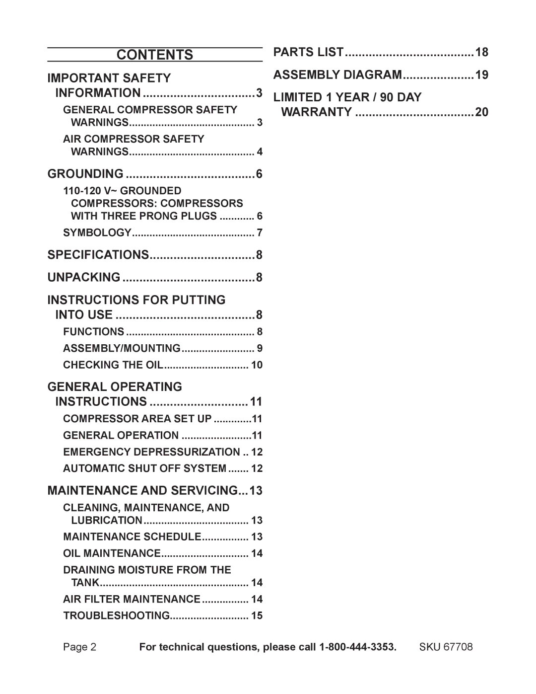 Harbor Freight Tools 67708 operating instructions Contents 