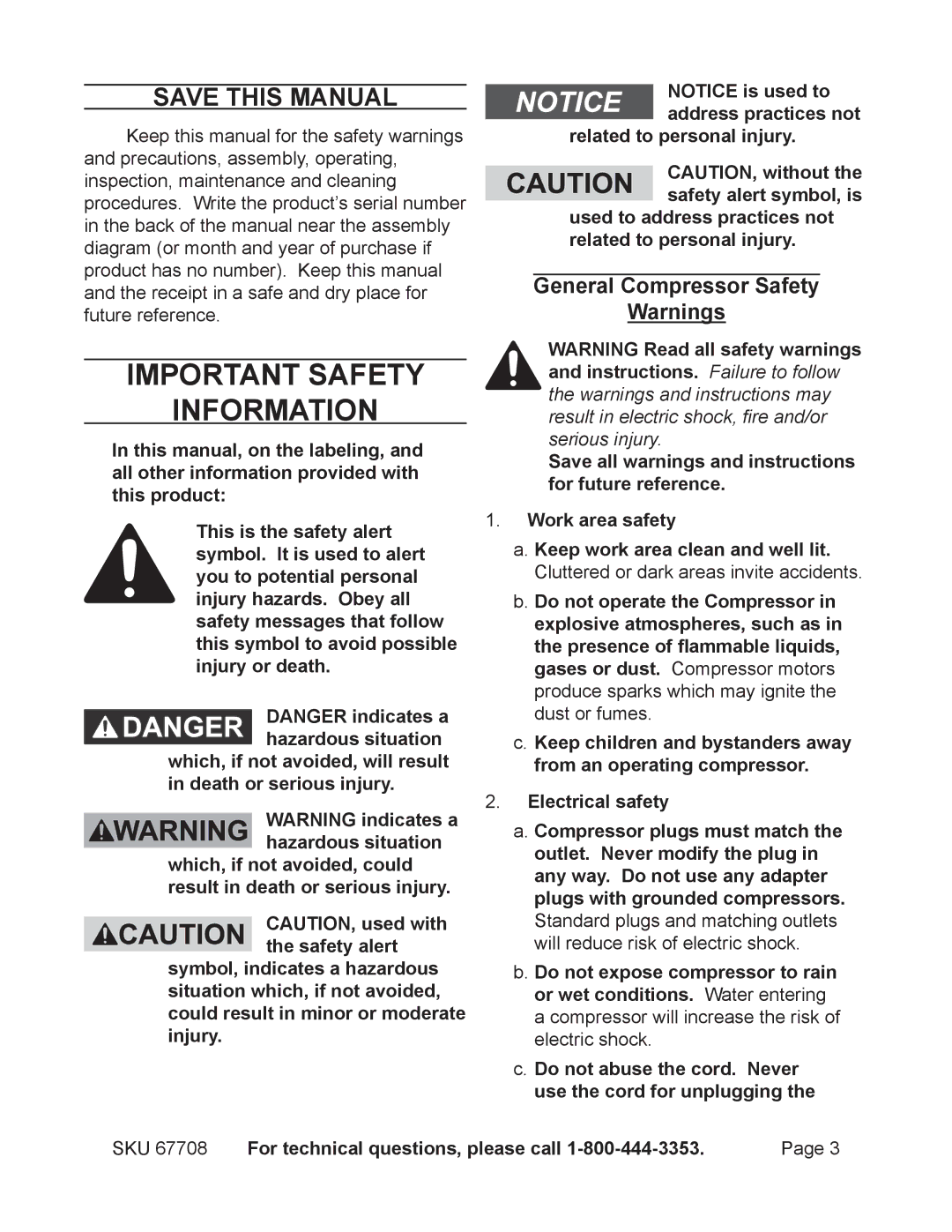 Harbor Freight Tools 67708 operating instructions Save This Manual, General Compressor Safety 