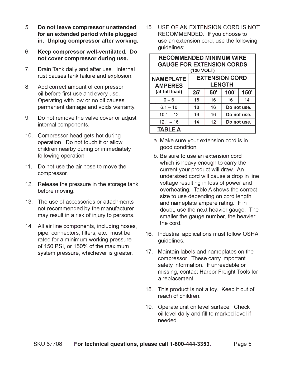 Harbor Freight Tools 67708 operating instructions Length, 25’ 50’ 100’ 150’ 