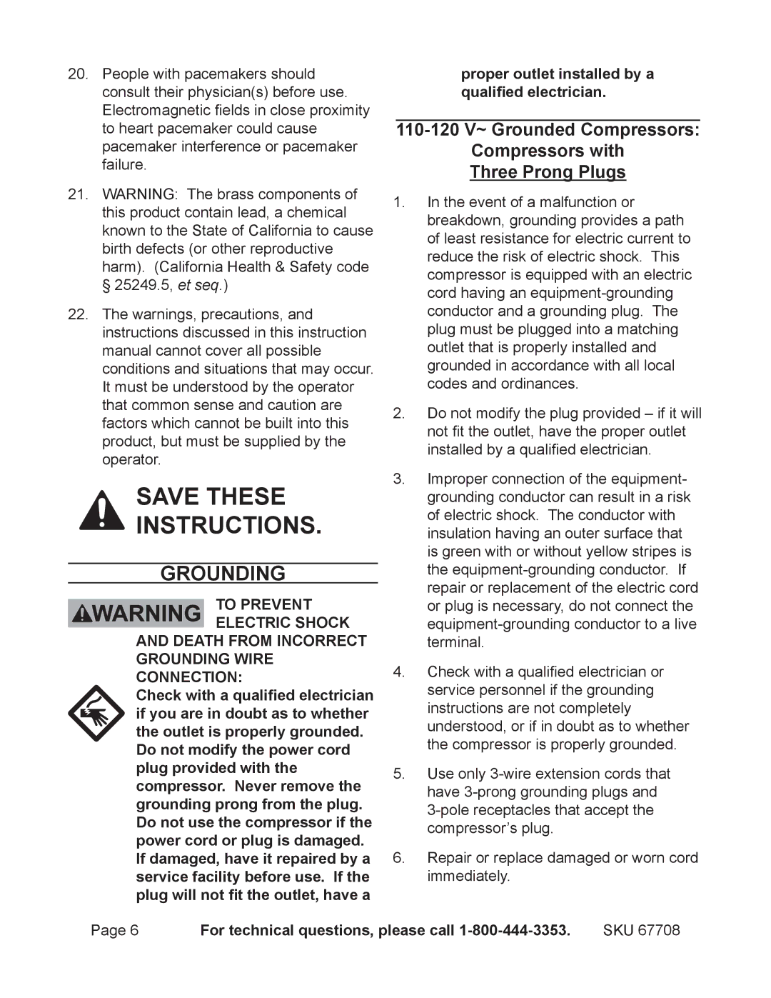 Harbor Freight Tools 67708 operating instructions Grounding 