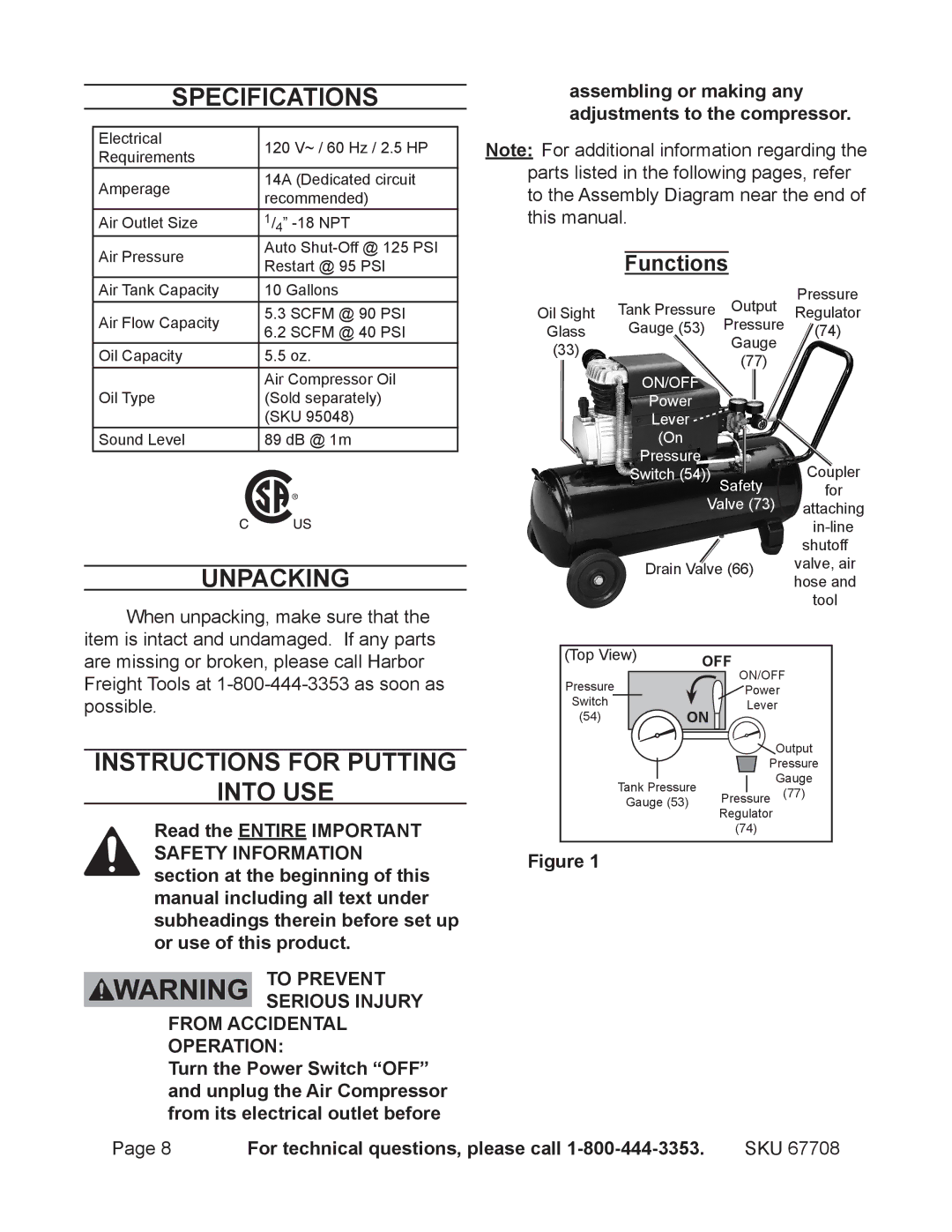 Harbor Freight Tools 67708 operating instructions Specifications, Unpacking, Instructions for putting Into use, Functions 