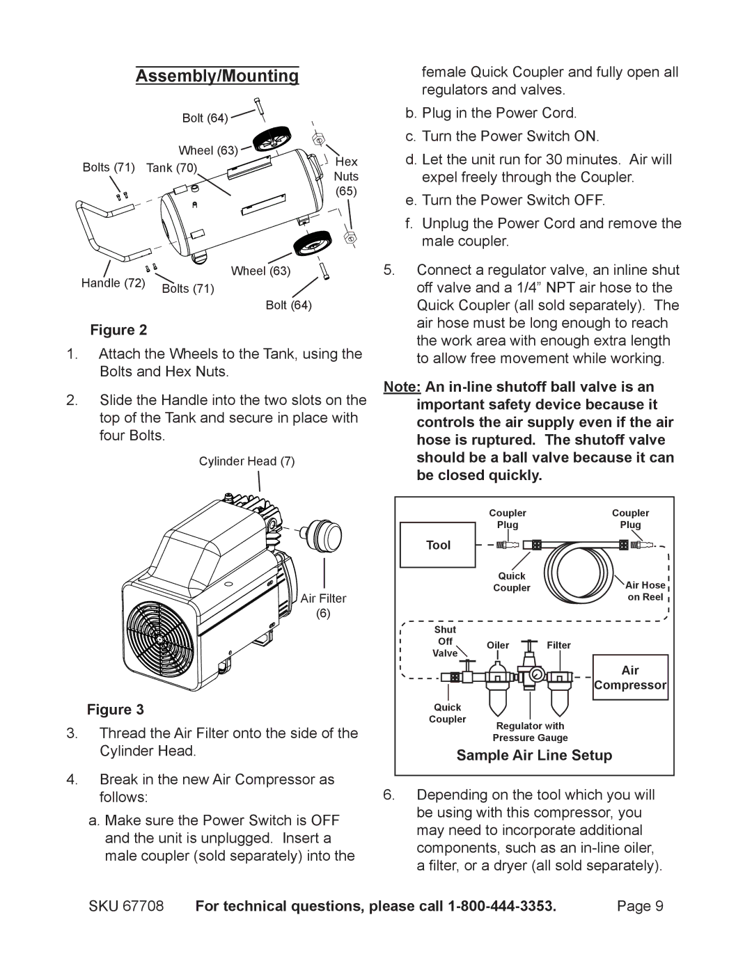 Harbor Freight Tools 67708 operating instructions Assembly/Mounting, Sample Air Line Setup 