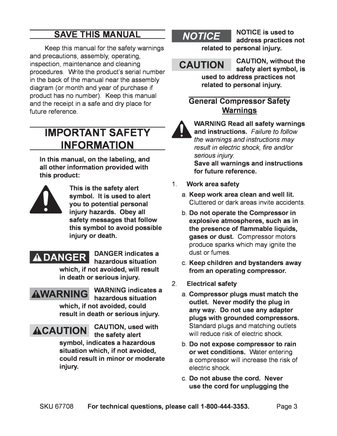 Harbor Freight Tools 67708 Important SAFETY Information, Save This Manual, CAUTION, used with the safety alert 