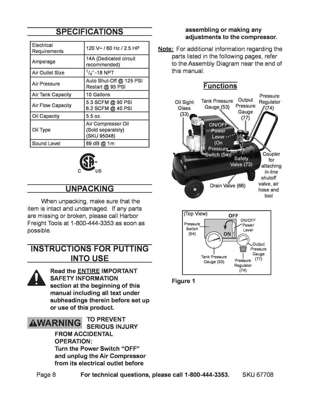 Harbor Freight Tools 67708 Specifications, Unpacking, Instructions for putting into use, On/Off, Power, Lever, Pressure 