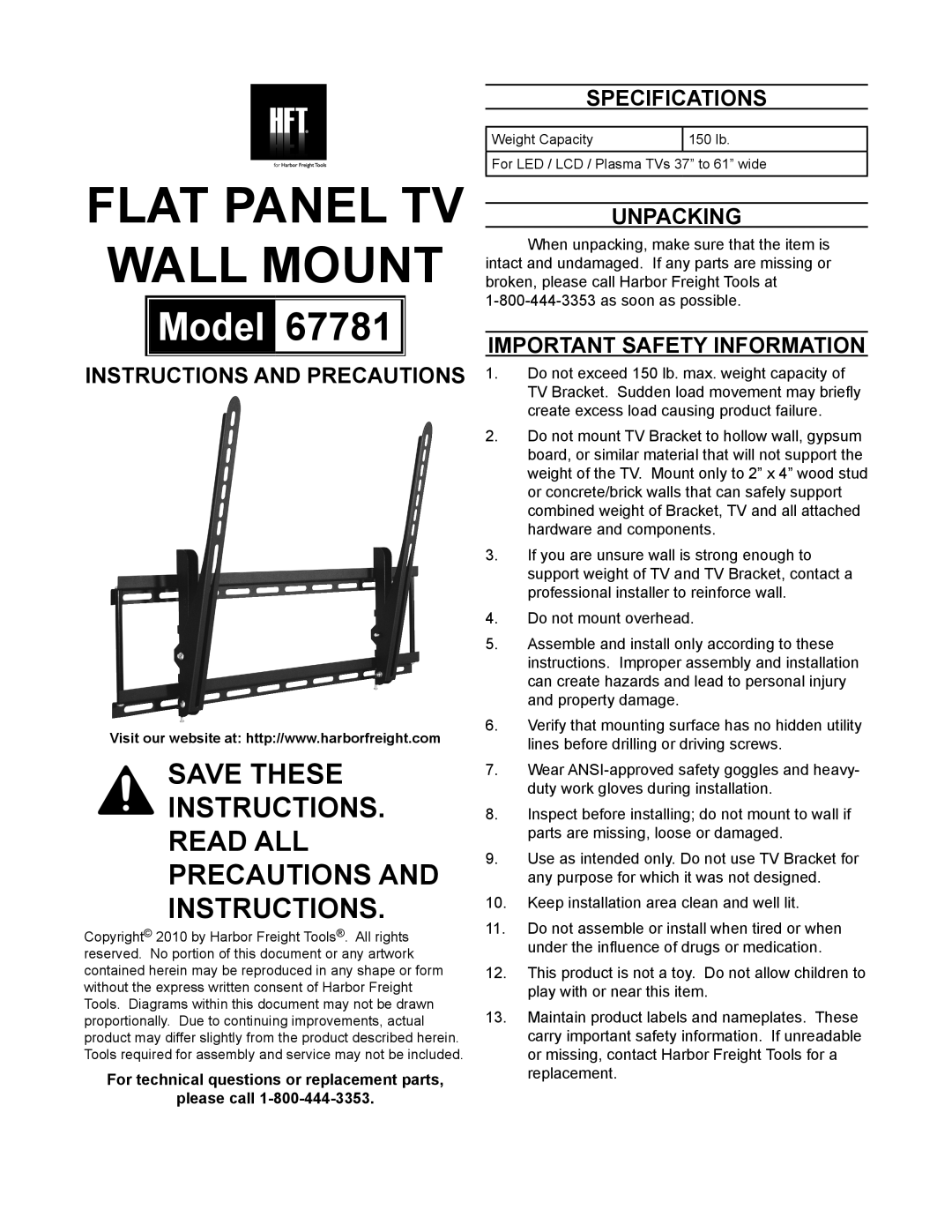 Harbor Freight Tools 67781 specifications Instructions and precautions, Specifications, Unpacking 