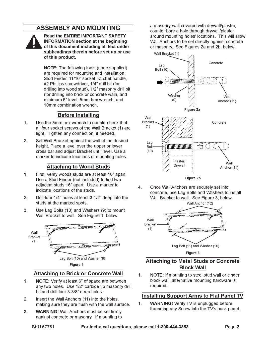 Harbor Freight Tools 67781 specifications Assembly and mounting, For technical questions, please call 