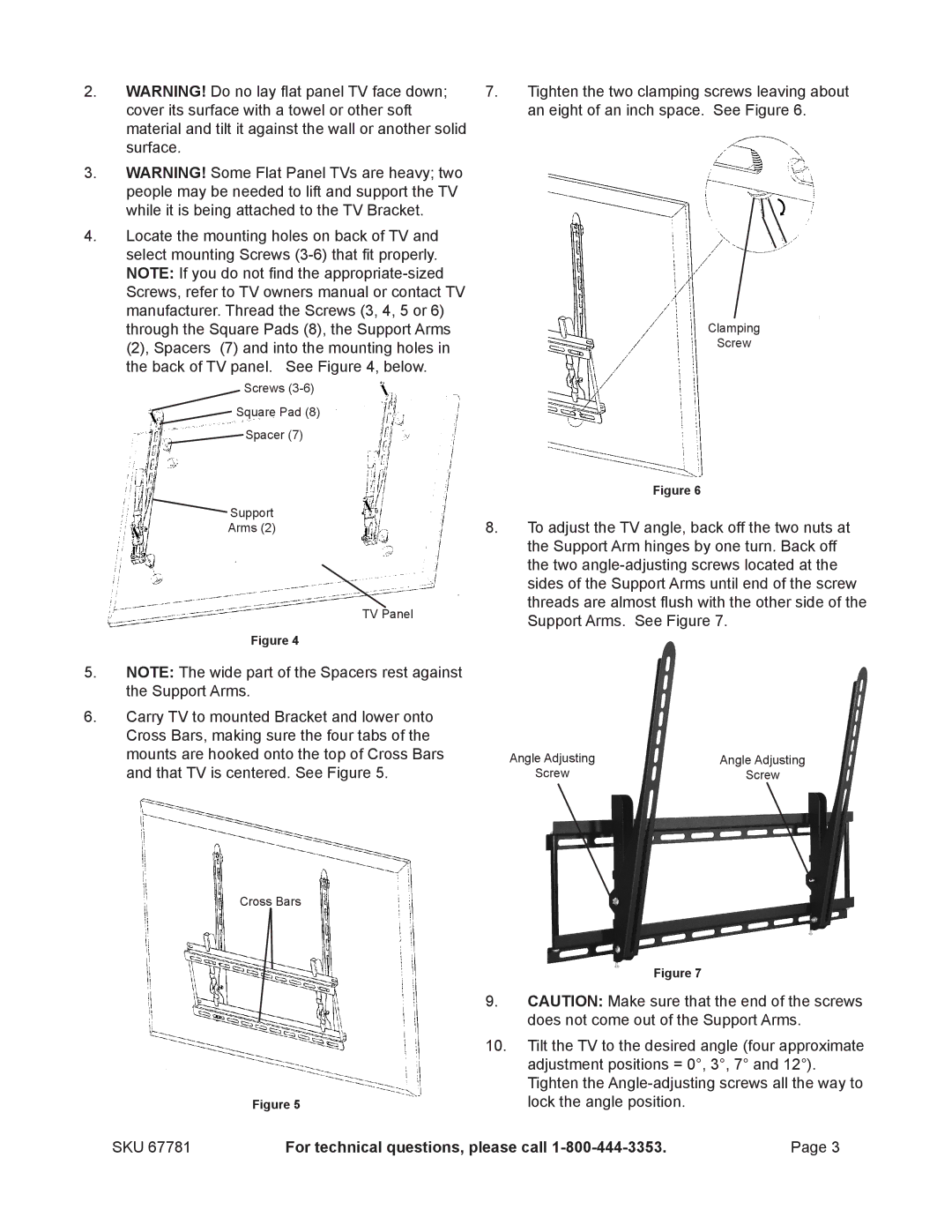 Harbor Freight Tools 67781 specifications Screws Square Pad Spacer Support Arms TV Panel 