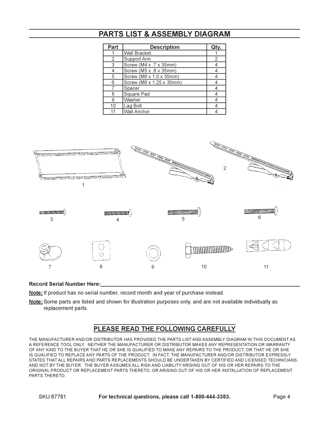 Harbor Freight Tools 67781 specifications Parts List & Assembly diagram, Part Description Qty, Record Serial Number Here 