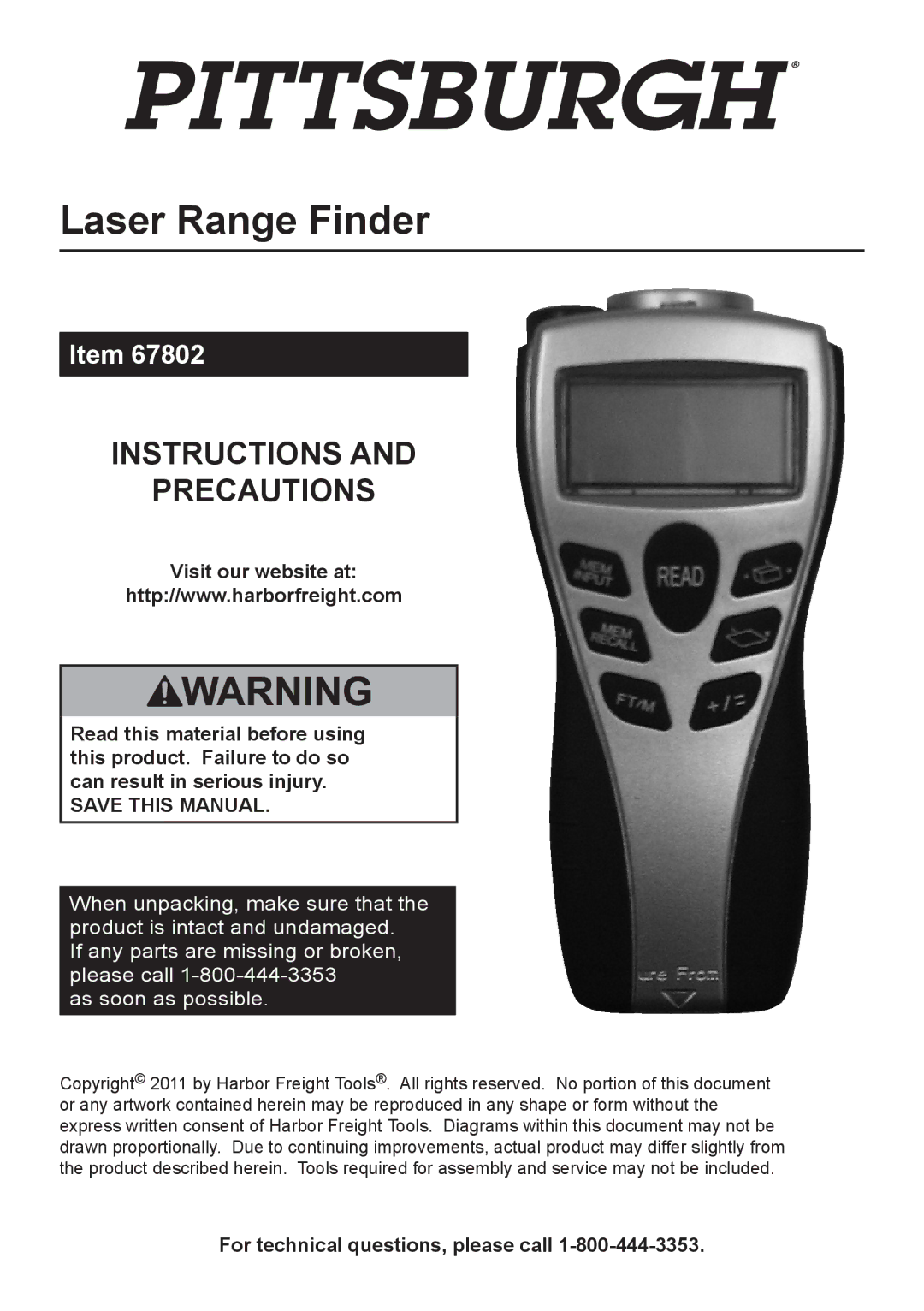 Harbor Freight Tools 67802 manual Laser Range Finder 