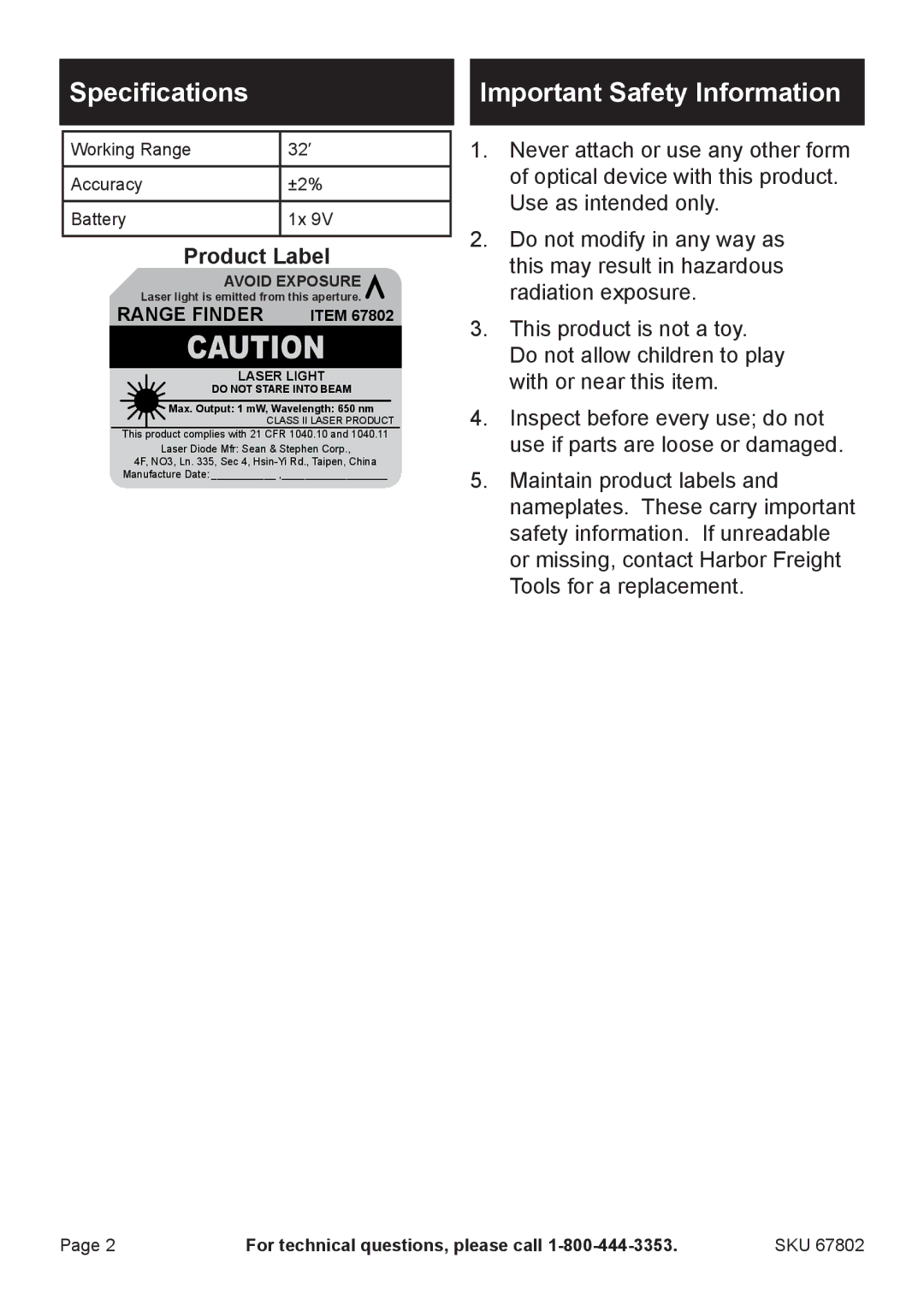 Harbor Freight Tools 67802 manual Specifications, Important Safety Information, Product Label 