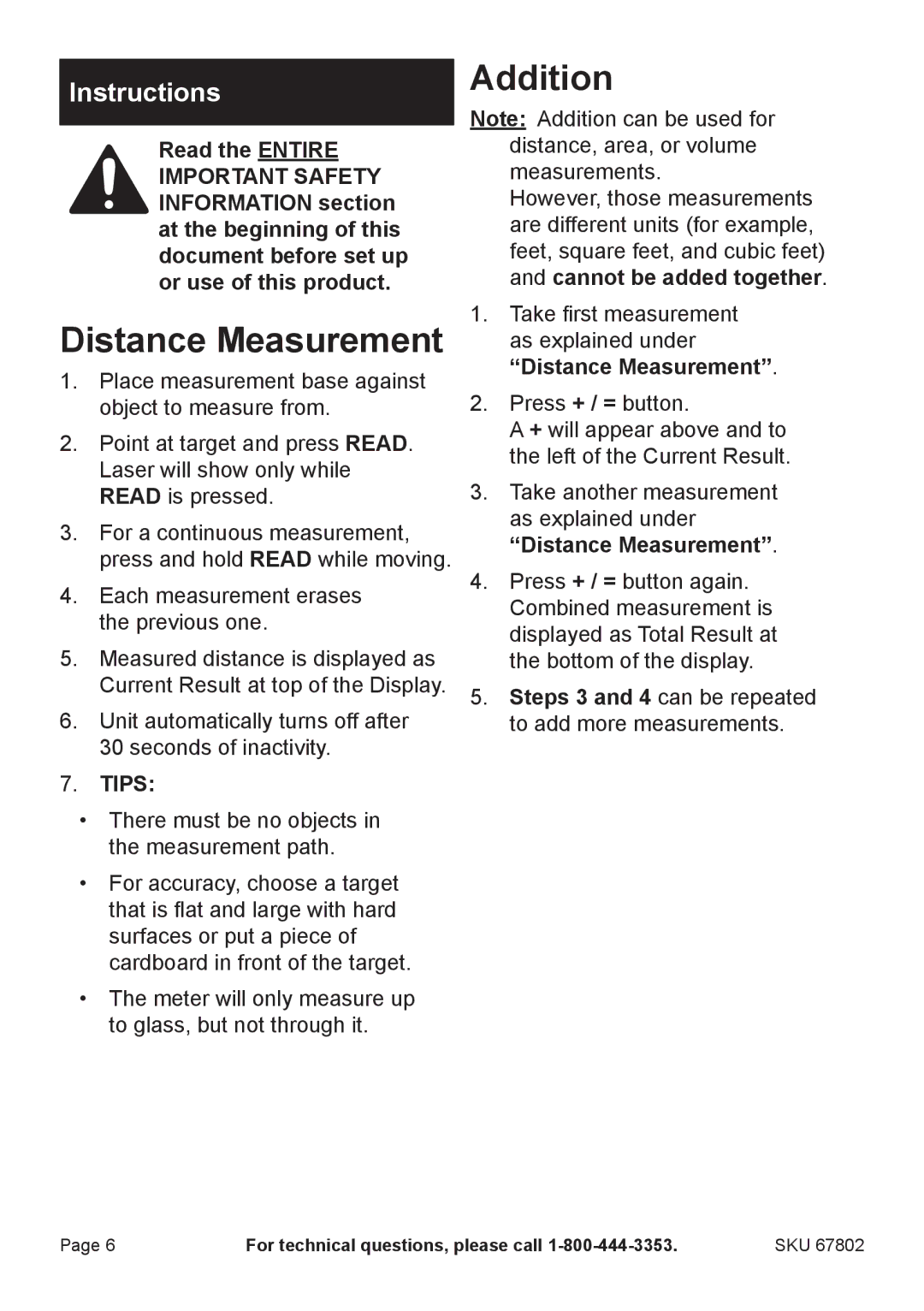 Harbor Freight Tools 67802 manual Distance Measurement, Addition, Instructions, Tips 