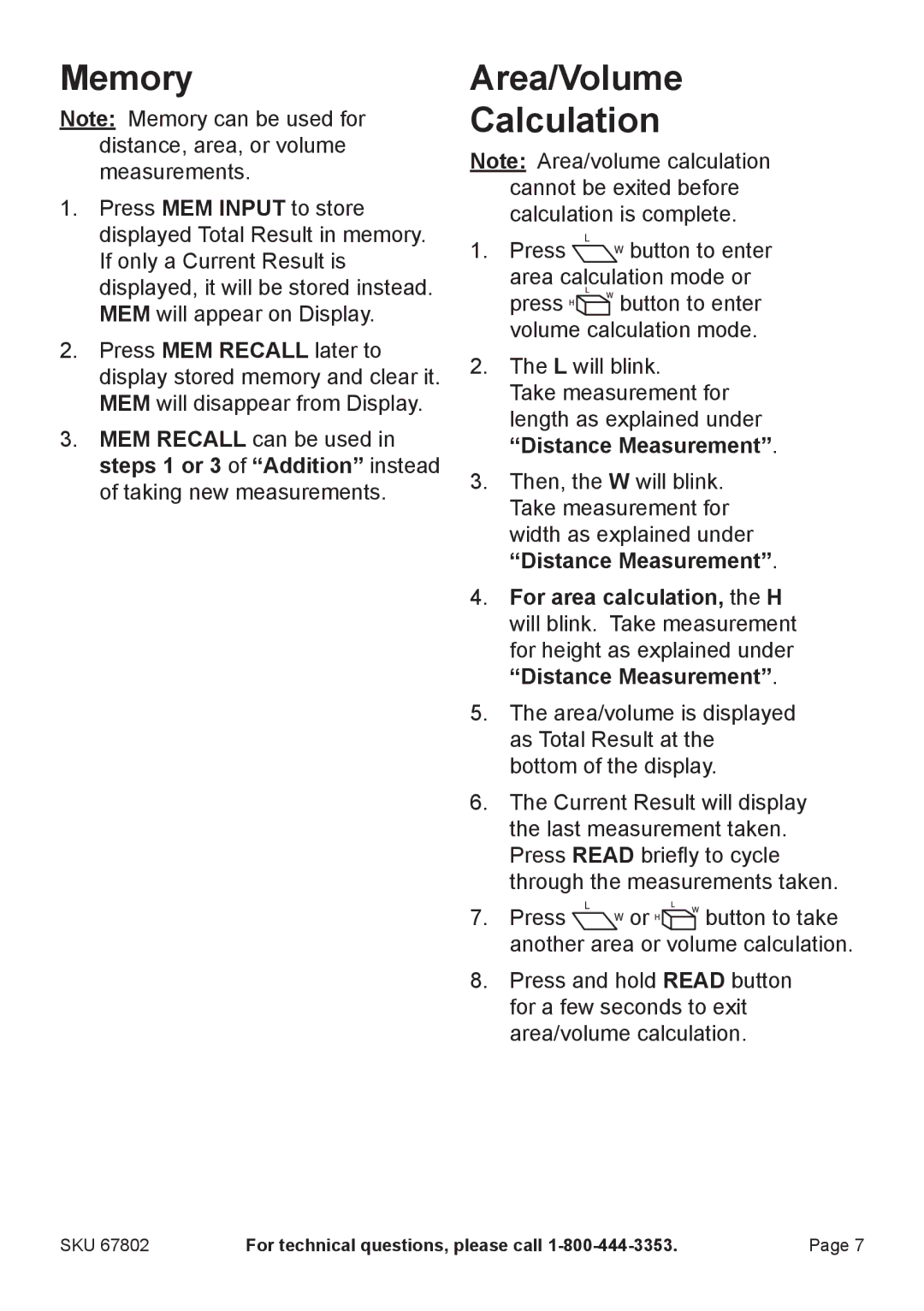 Harbor Freight Tools 67802 manual Memory, Area/Volume Calculation 