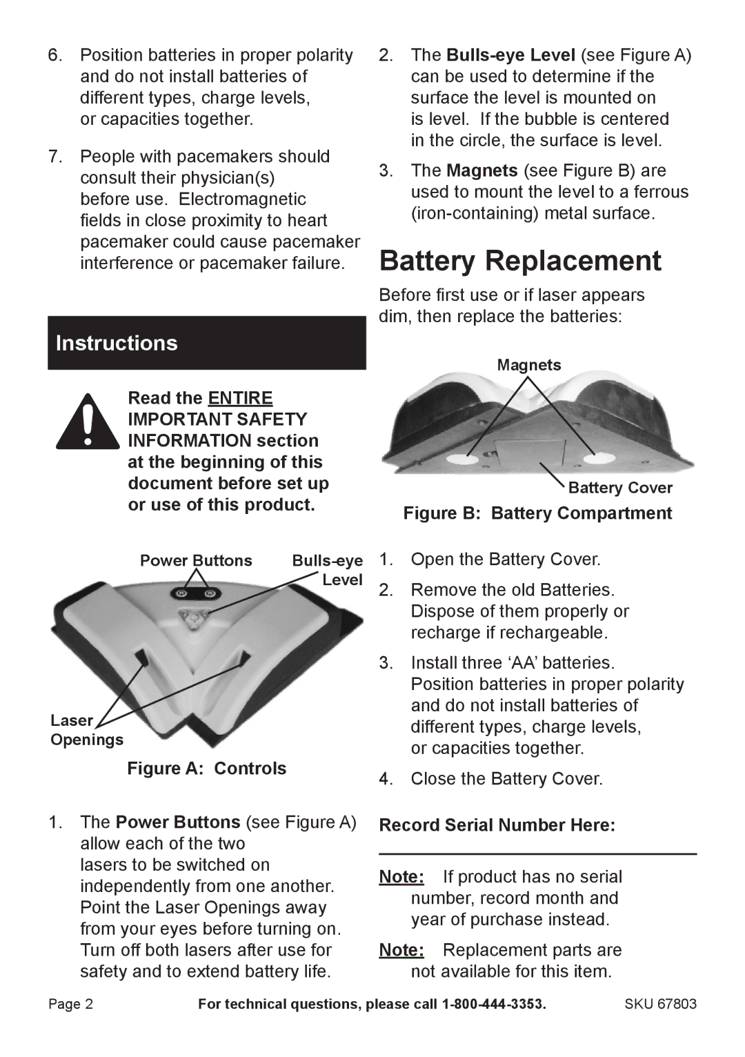 Harbor Freight Tools 67803 manual Battery Replacement, Instructions 