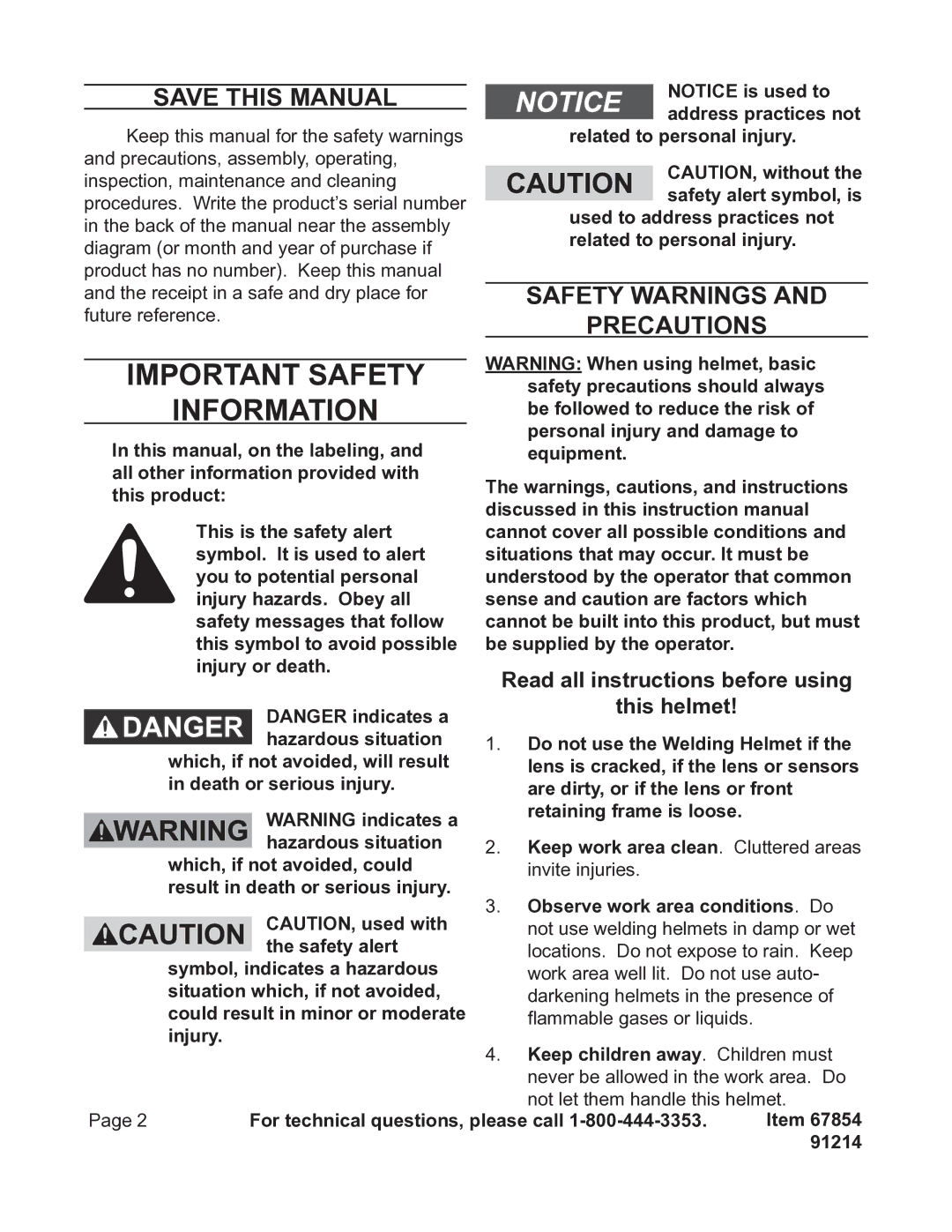 Harbor Freight Tools 67854 operating instructions Save This Manual, Safety Warnings, Precautions 