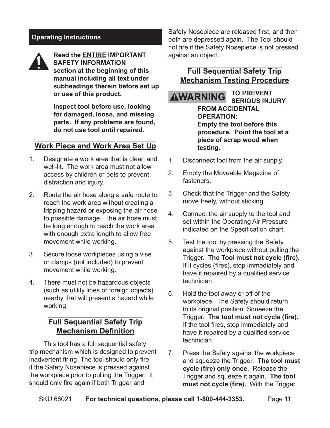 Harbor Freight Tools 68021 operating instructions Operating Instructions, Work Piece and Work Area Set Up 