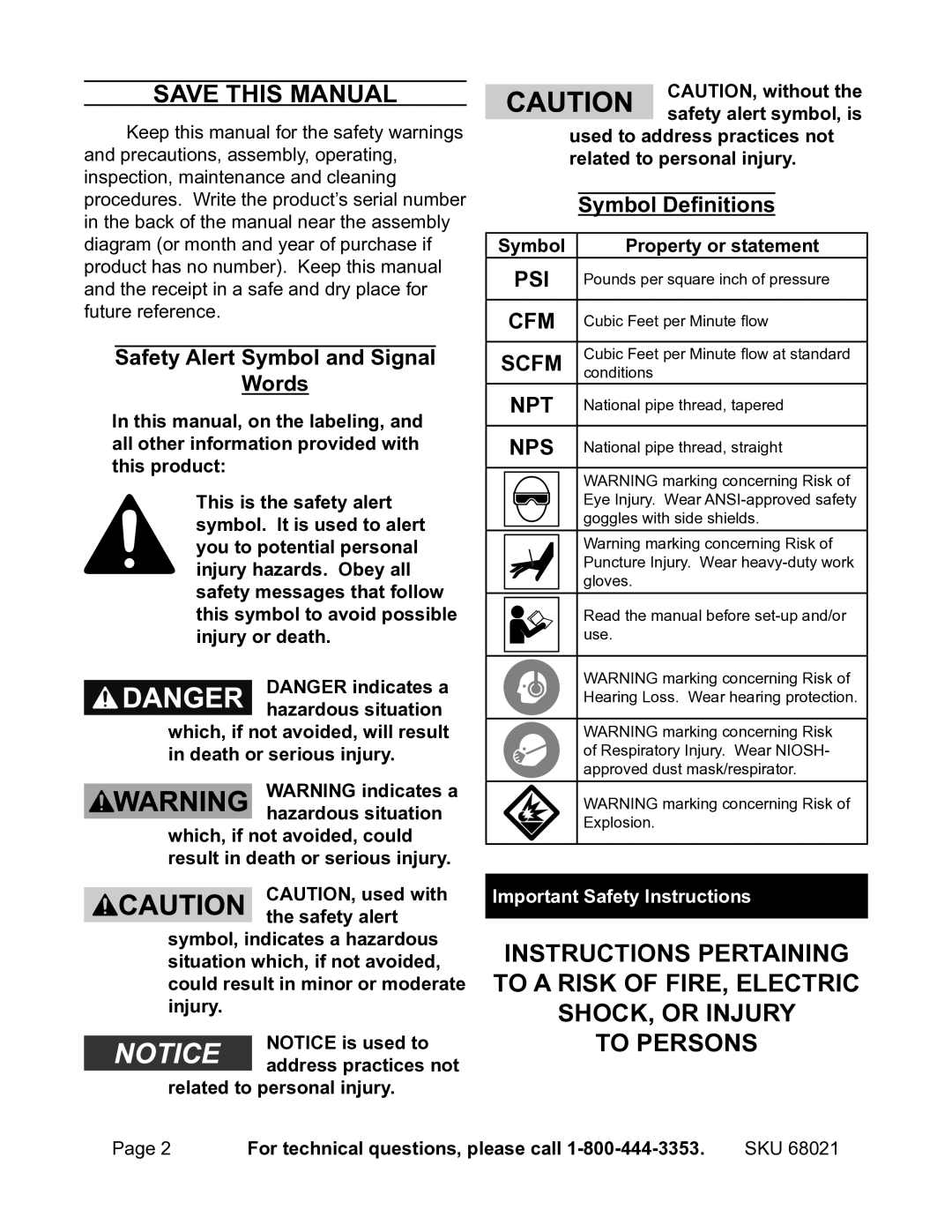 Harbor Freight Tools 68021 Save this Manual, Safety Alert Symbol and Signal Words, Symbol Property or statement 