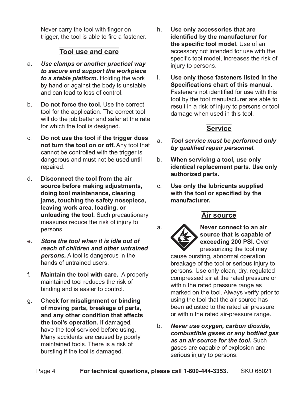 Harbor Freight Tools 68021 operating instructions Tool use and care, Service, Air source 