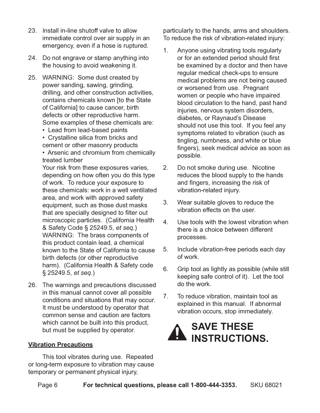 Harbor Freight Tools 68021 operating instructions Vibration Precautions 